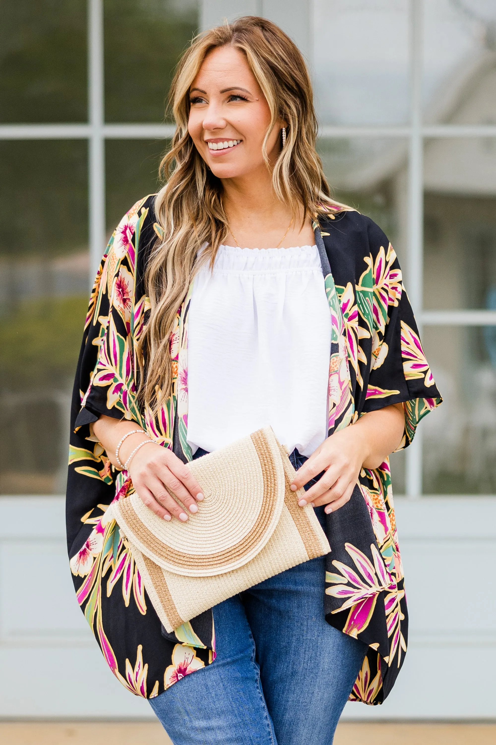 Island Breeze Kimono, Black Floral