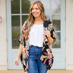 Island Breeze Kimono, Black Floral