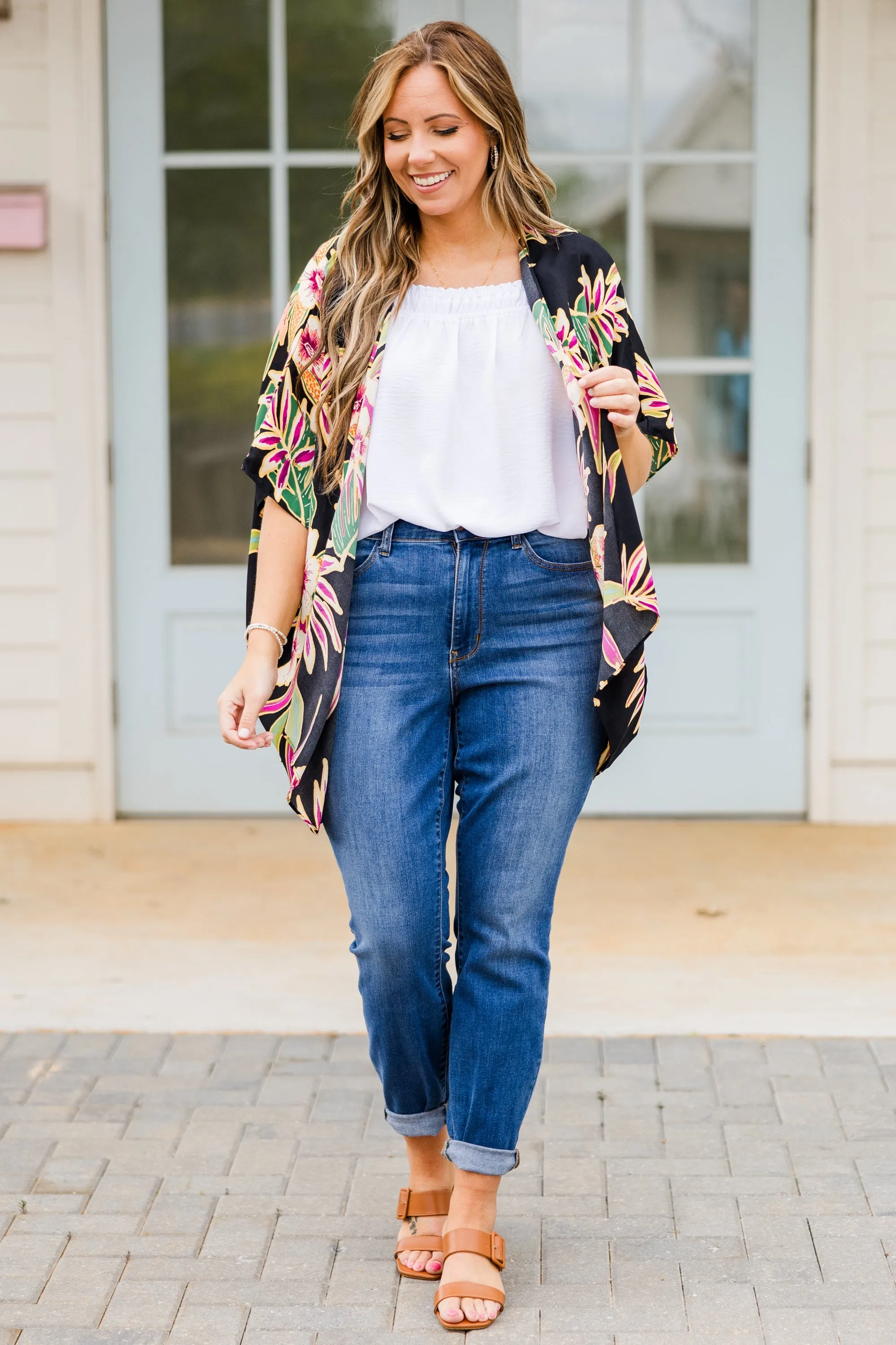 Island Breeze Kimono, Black Floral