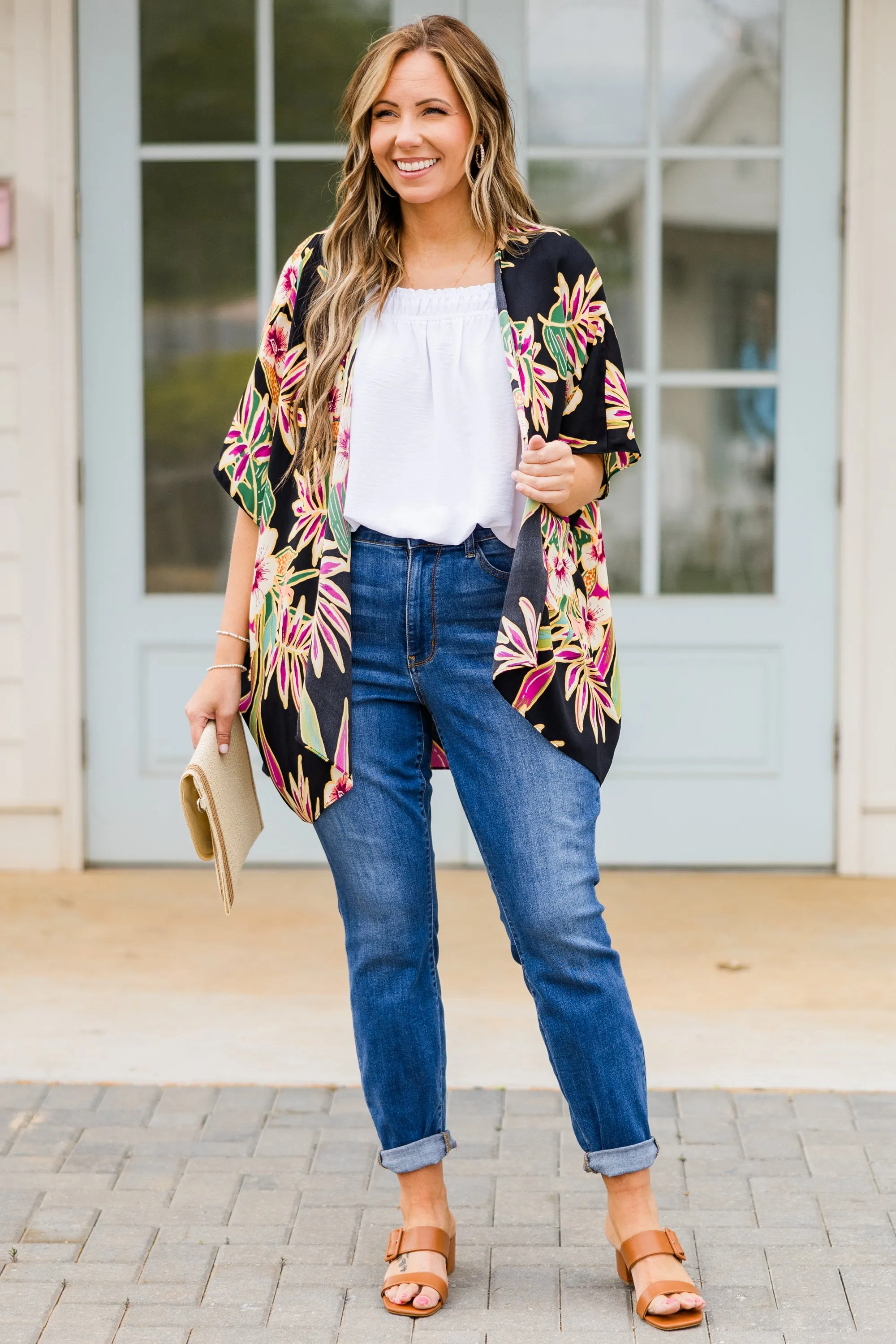 Island Breeze Kimono, Black Floral