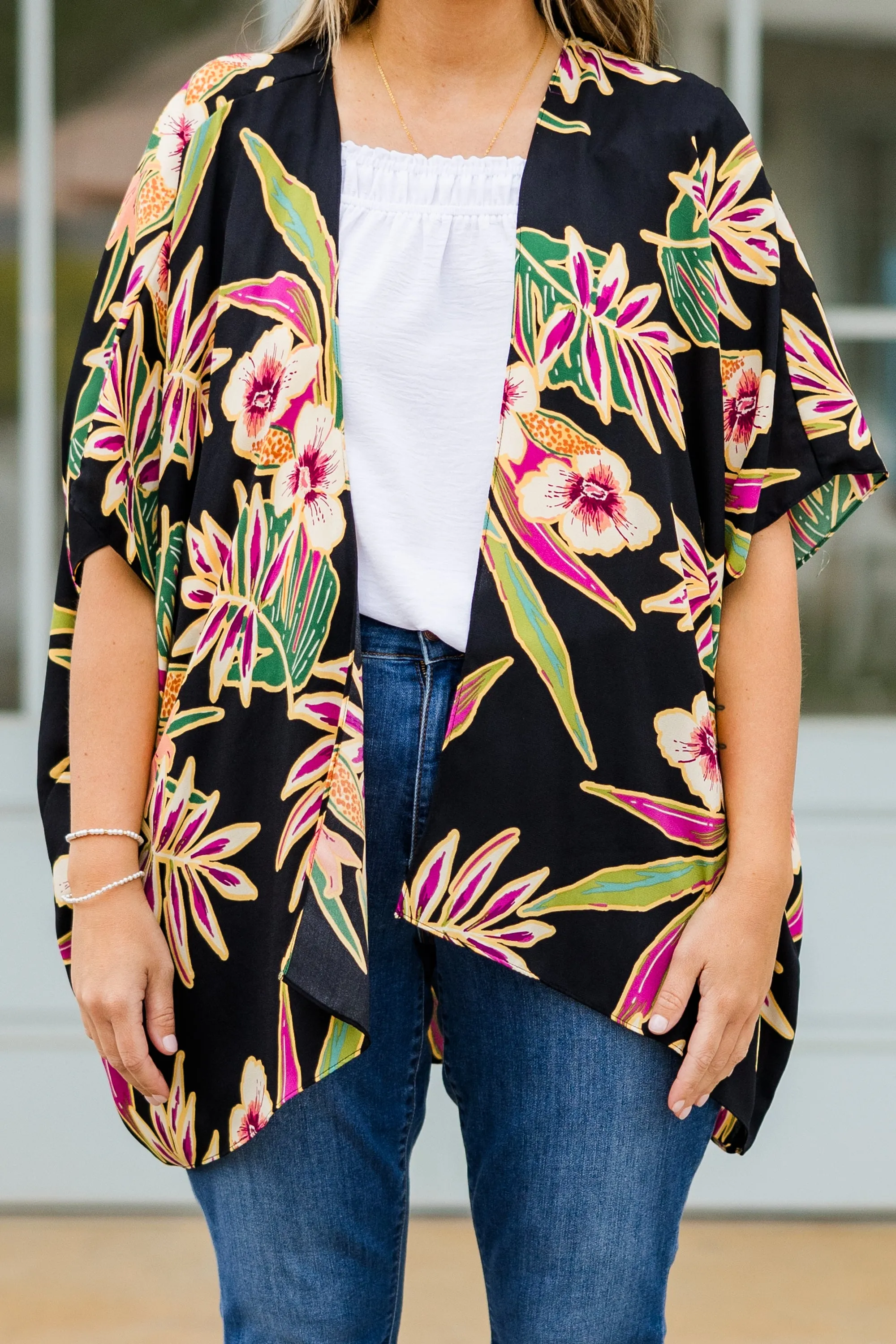 Island Breeze Kimono, Black Floral