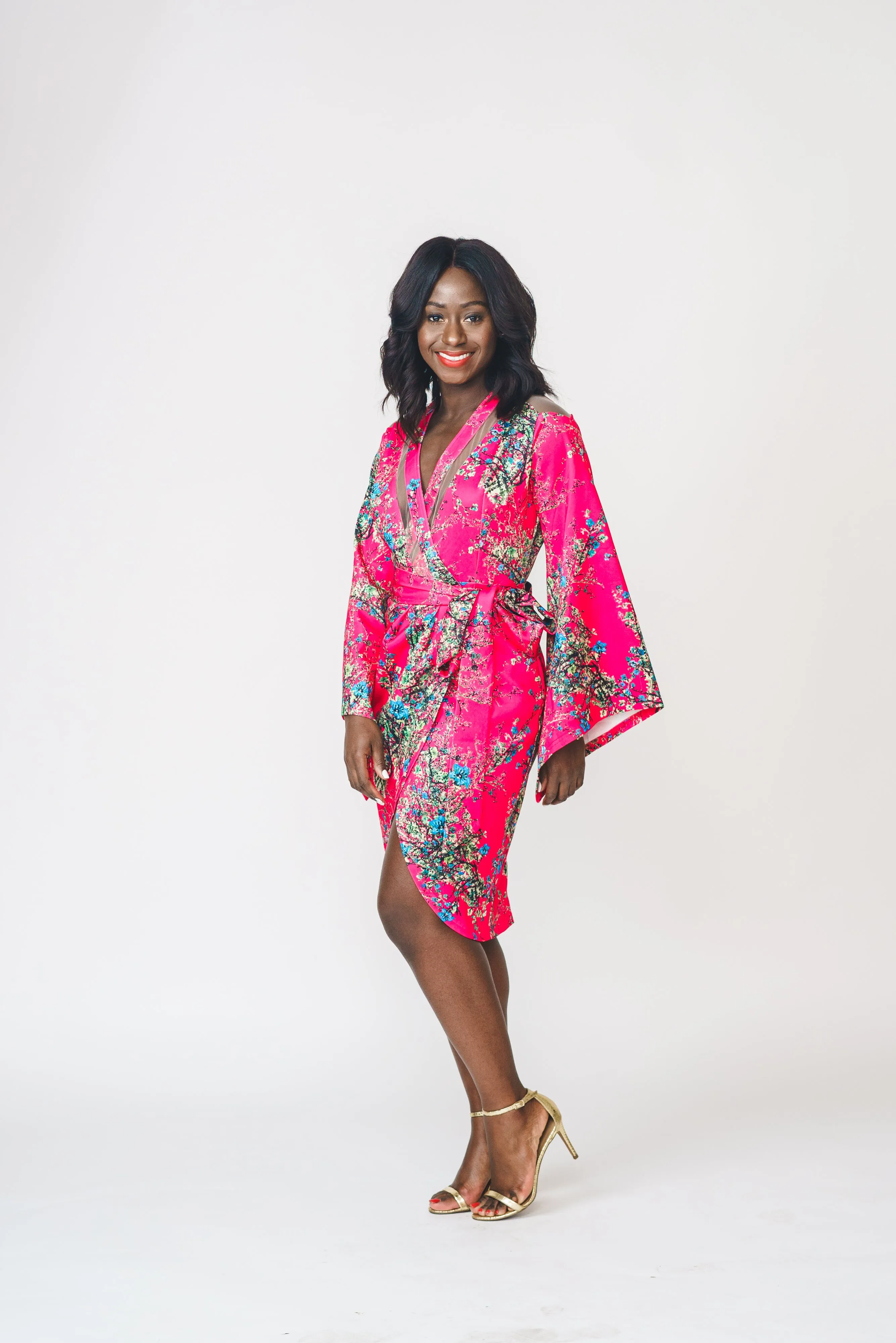 Kike Printed Wrap Kimono Dress with Belt