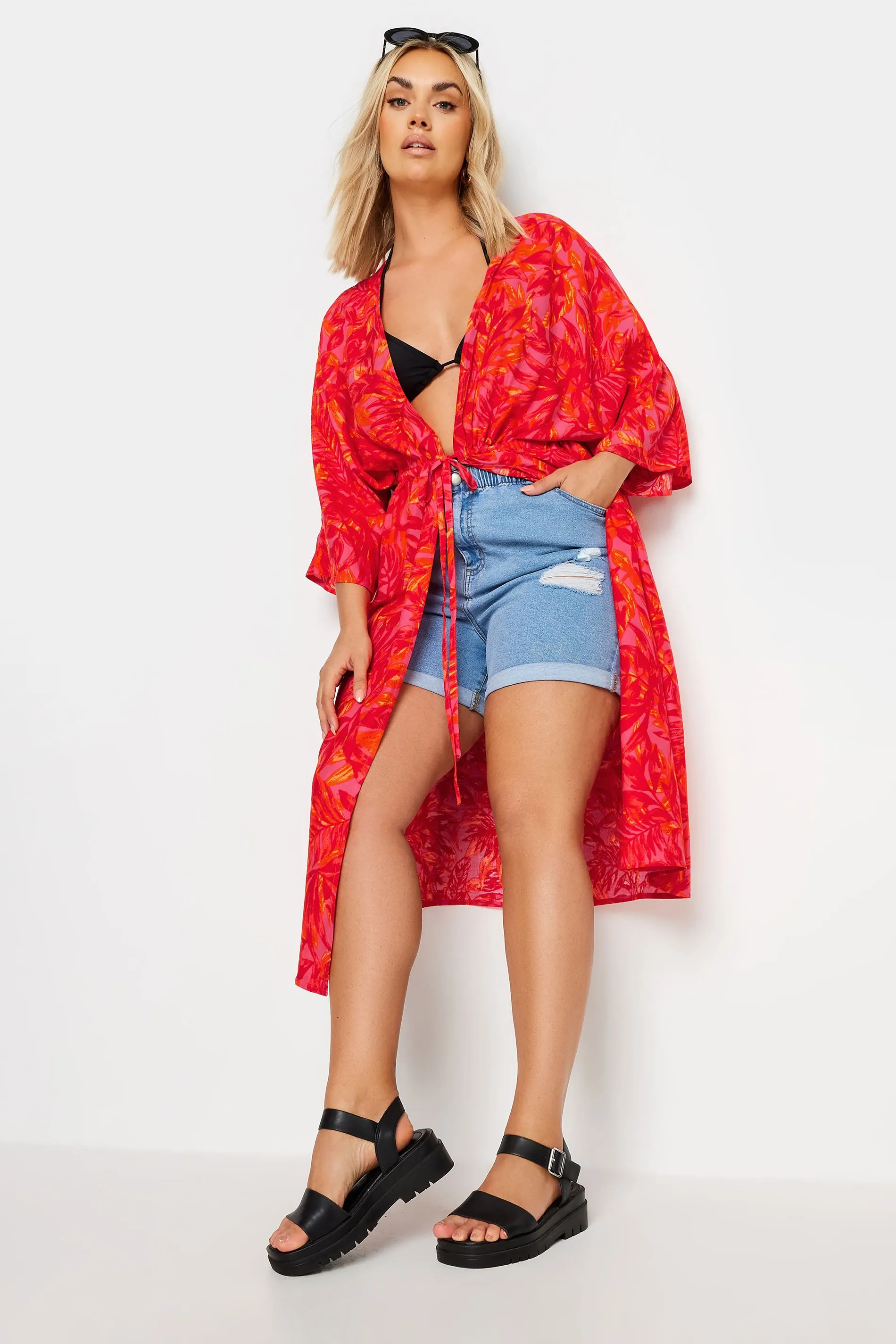 LIMITED COLLECTION Curve Pink Leaf Print Midi Kimono