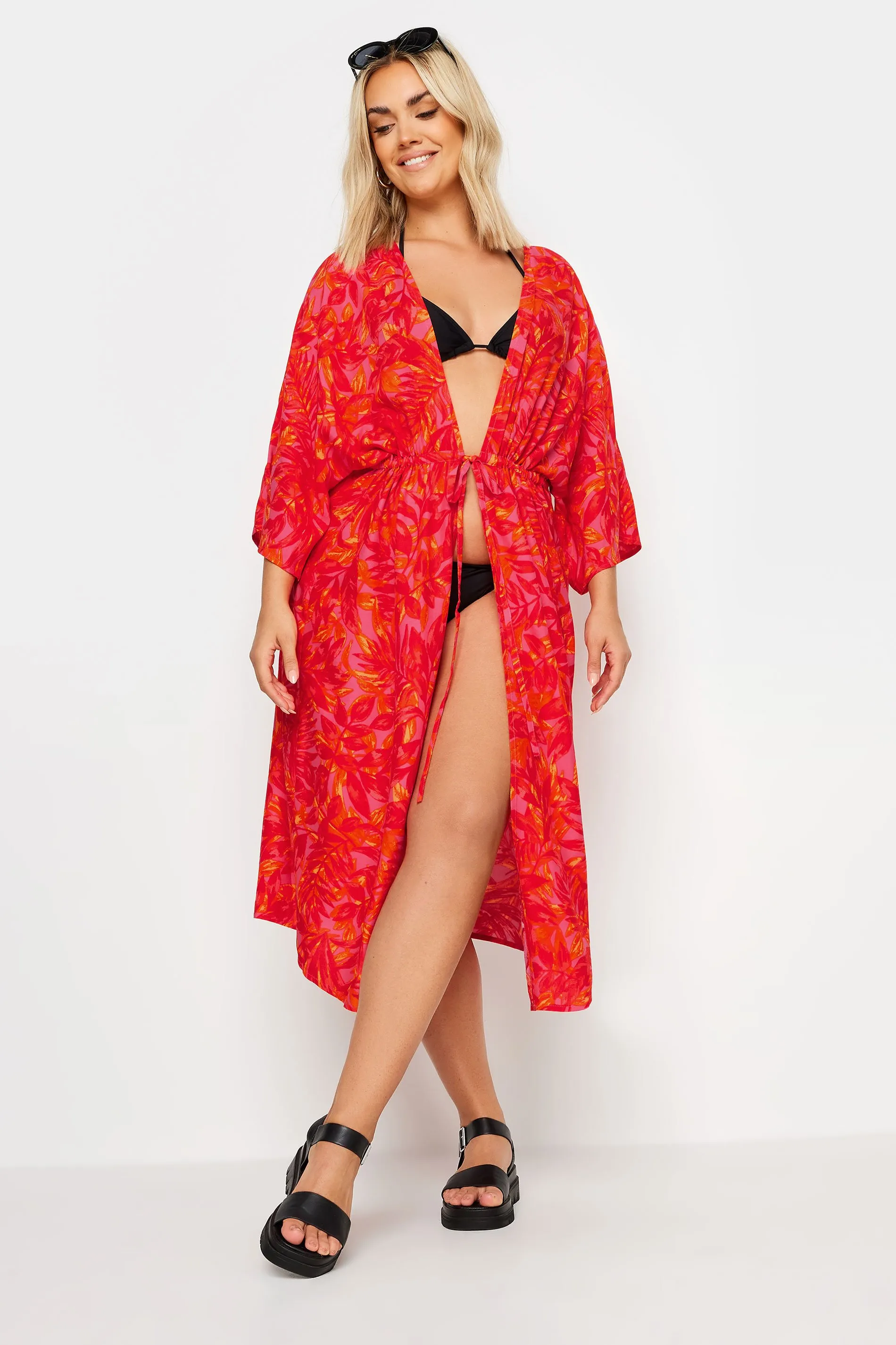 LIMITED COLLECTION Curve Pink Leaf Print Midi Kimono