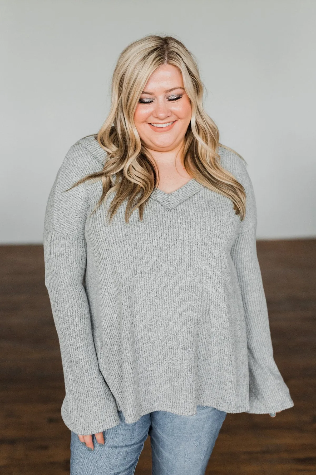 Majestic Mornings Knit V-Neck Sweater- Grey