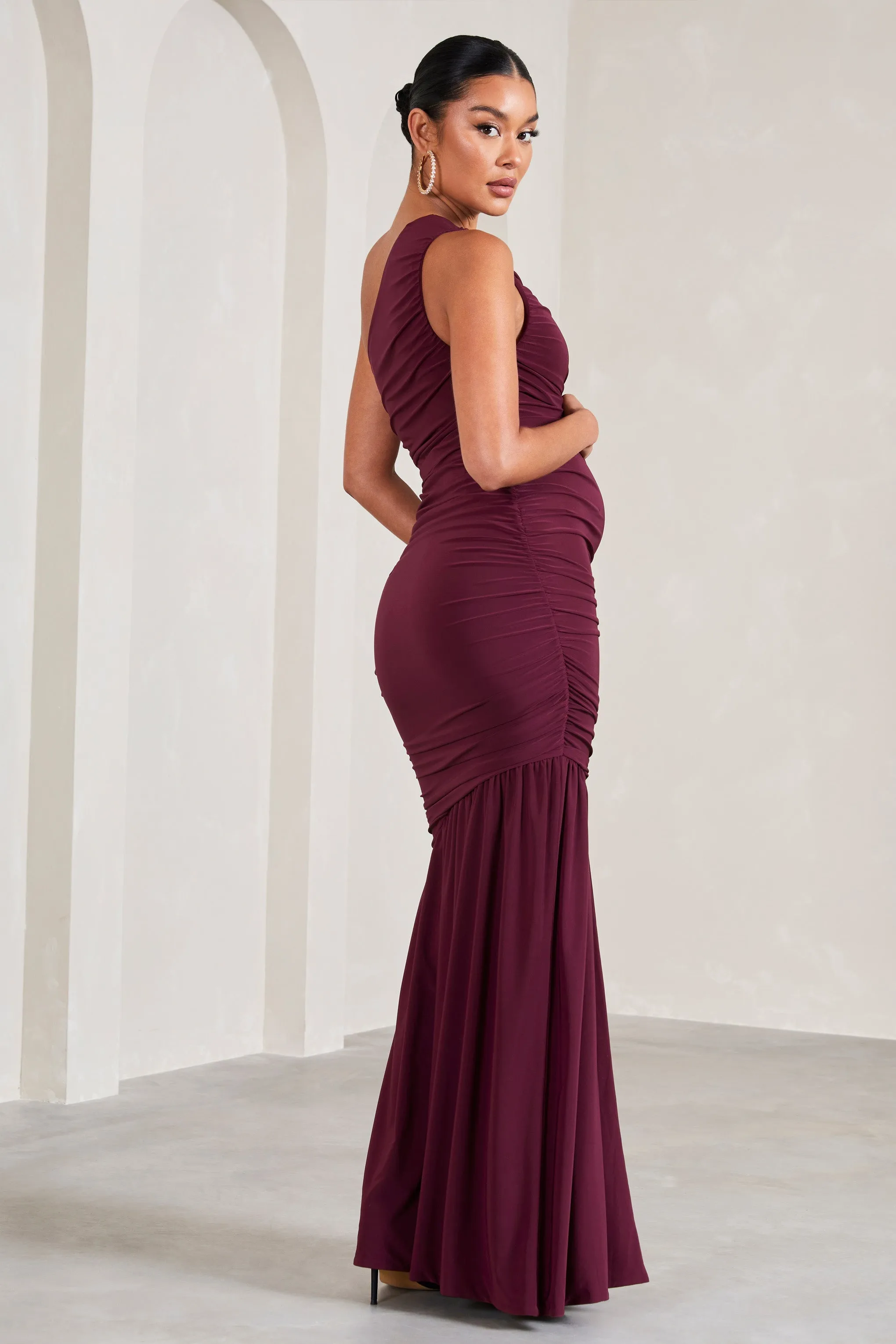 Make My Day | Burgundy One-Shoulder Ruched Split Maternity Maxi Dress