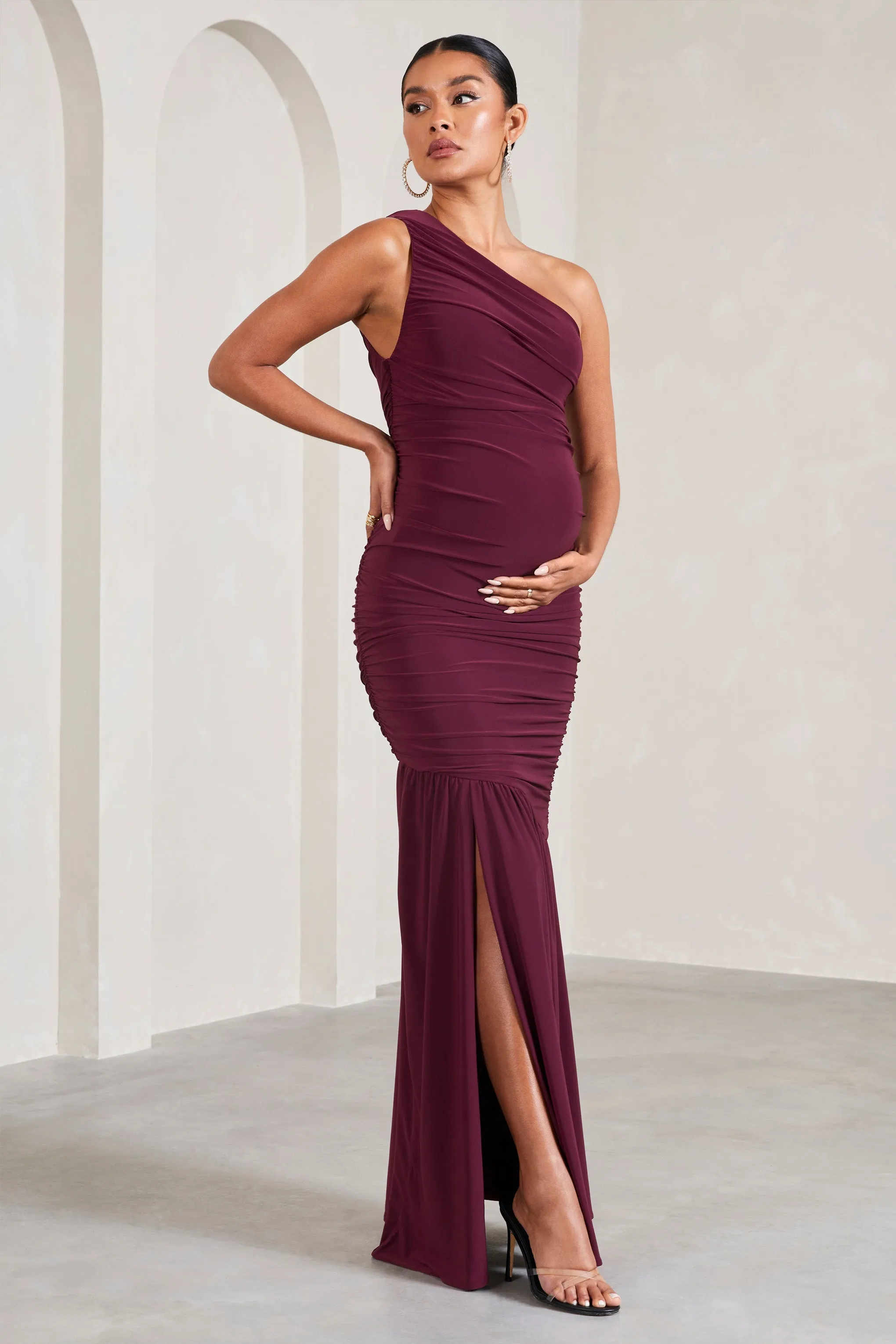 Make My Day | Burgundy One-Shoulder Ruched Split Maternity Maxi Dress