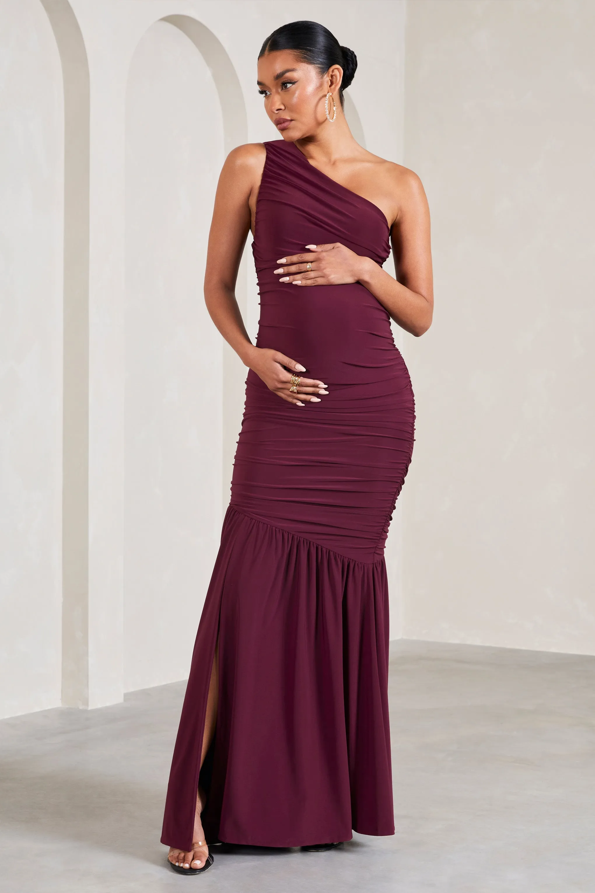 Make My Day | Burgundy One-Shoulder Ruched Split Maternity Maxi Dress