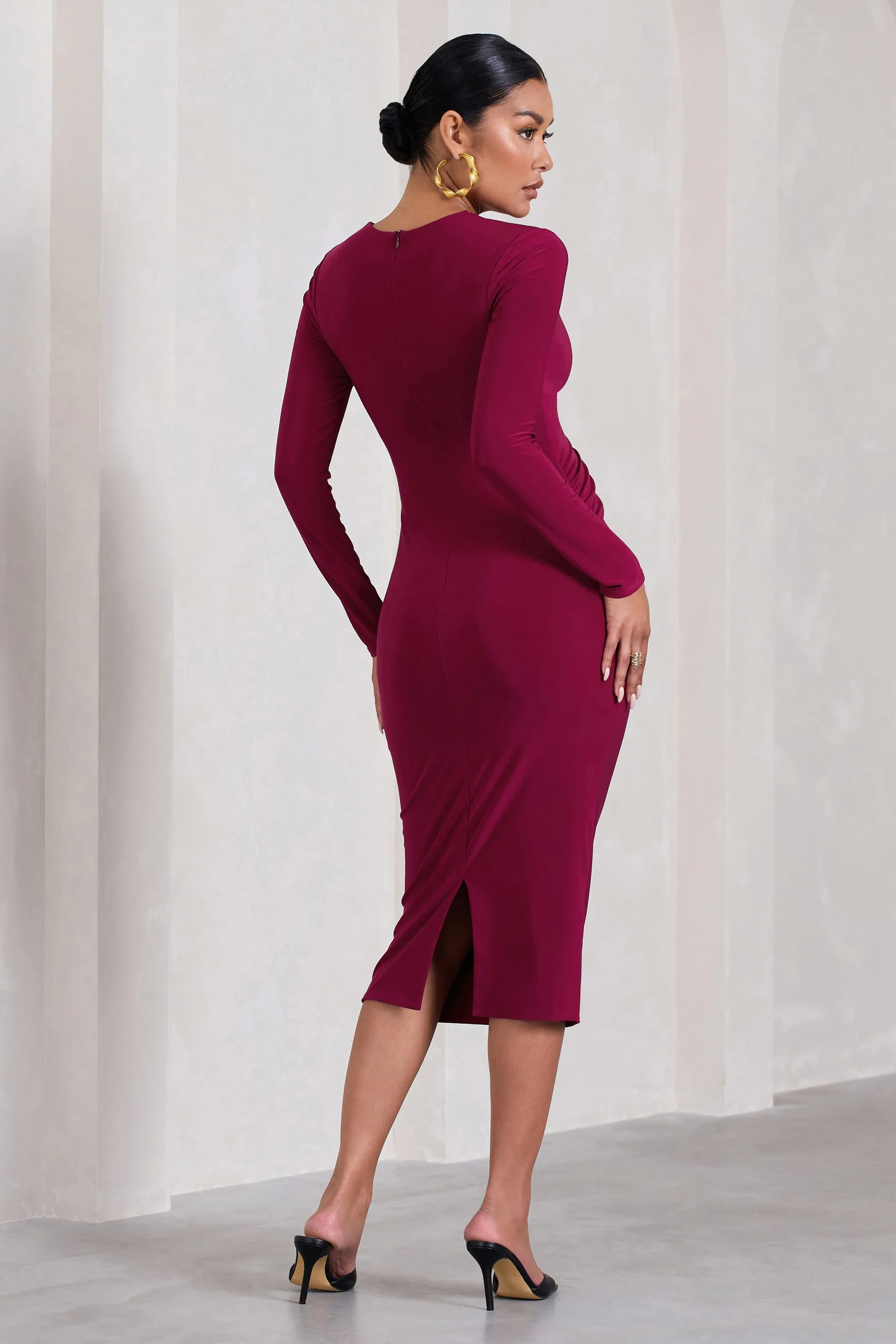 Marcia | Berry Bodycon Plunge-Neck Maternity Midi Dress