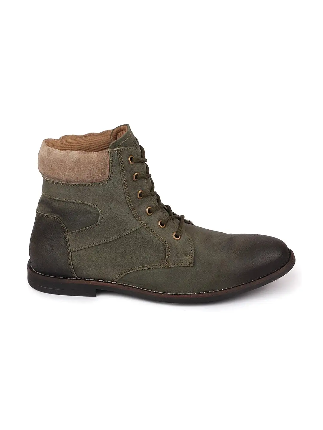 Men Olive Mid Top Lace Up Leather Boots