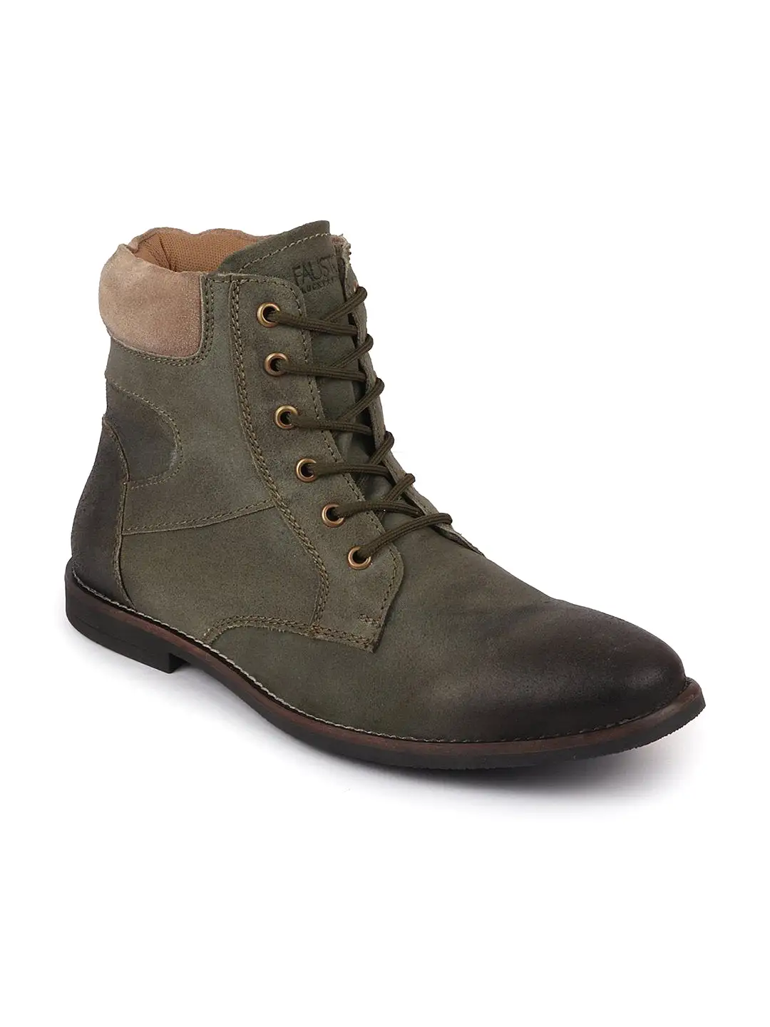 Men Olive Mid Top Lace Up Leather Boots