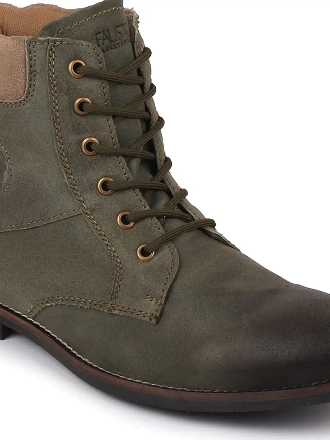 Men Olive Mid Top Lace Up Leather Boots