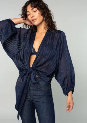 Metallic Stripe Dolman Sleeve Tie Front Kimono Top - Navy