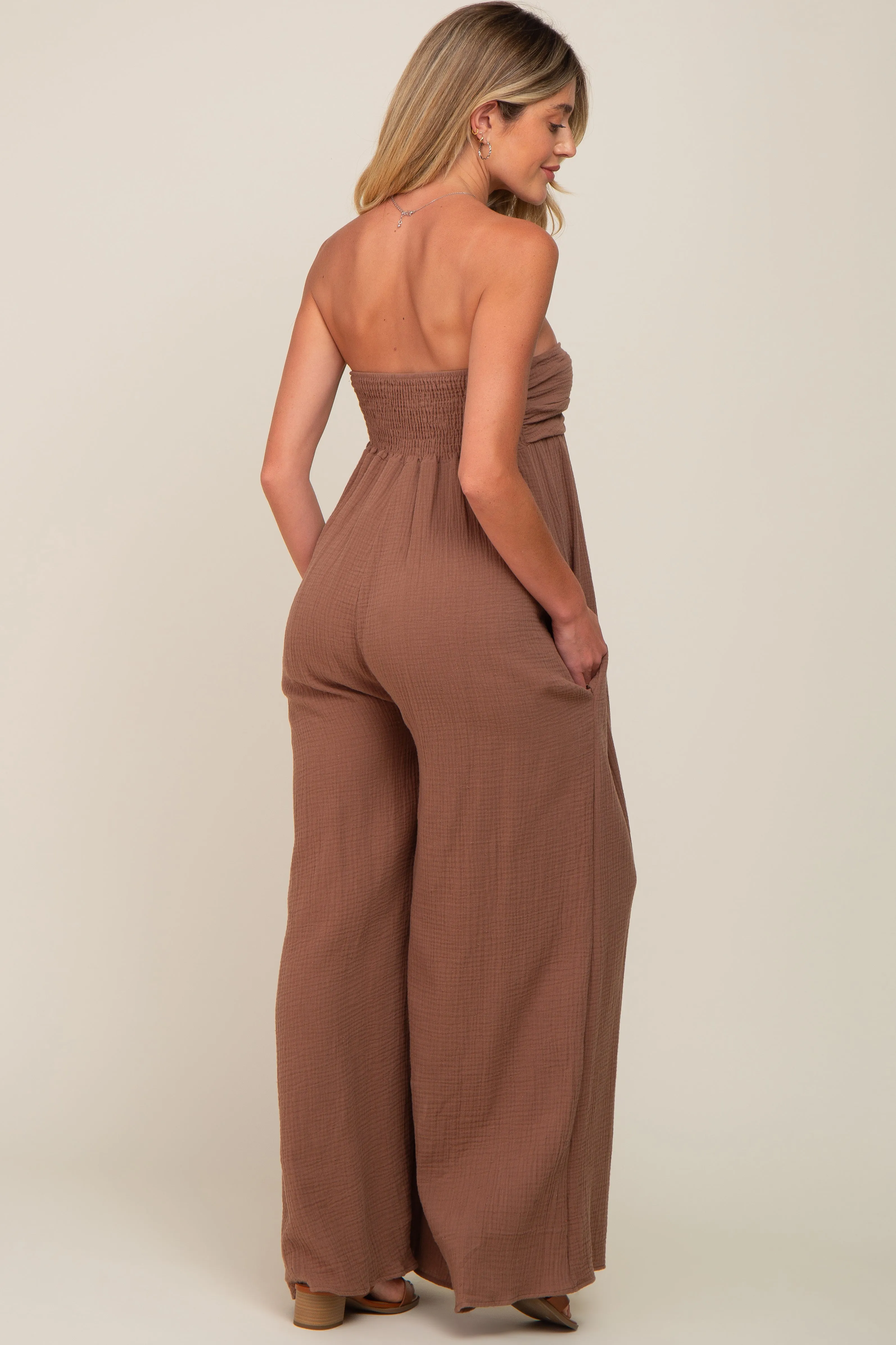 Mocha Strapless Front Twist Maternity Jumpsuit