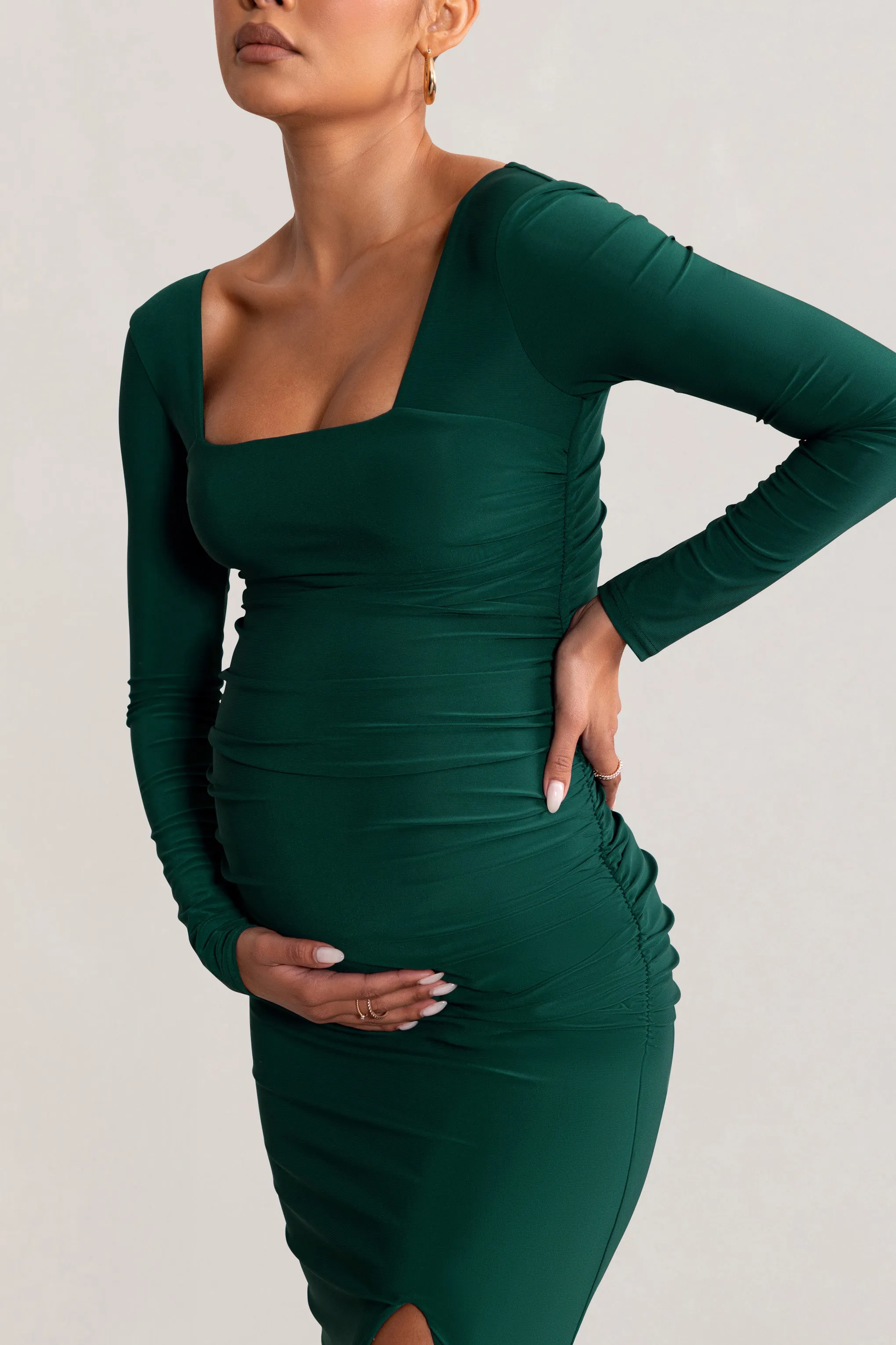 My Pleasure | Bottle Green Long Sleeve Square Neck Maternity Maxi Dress with Split