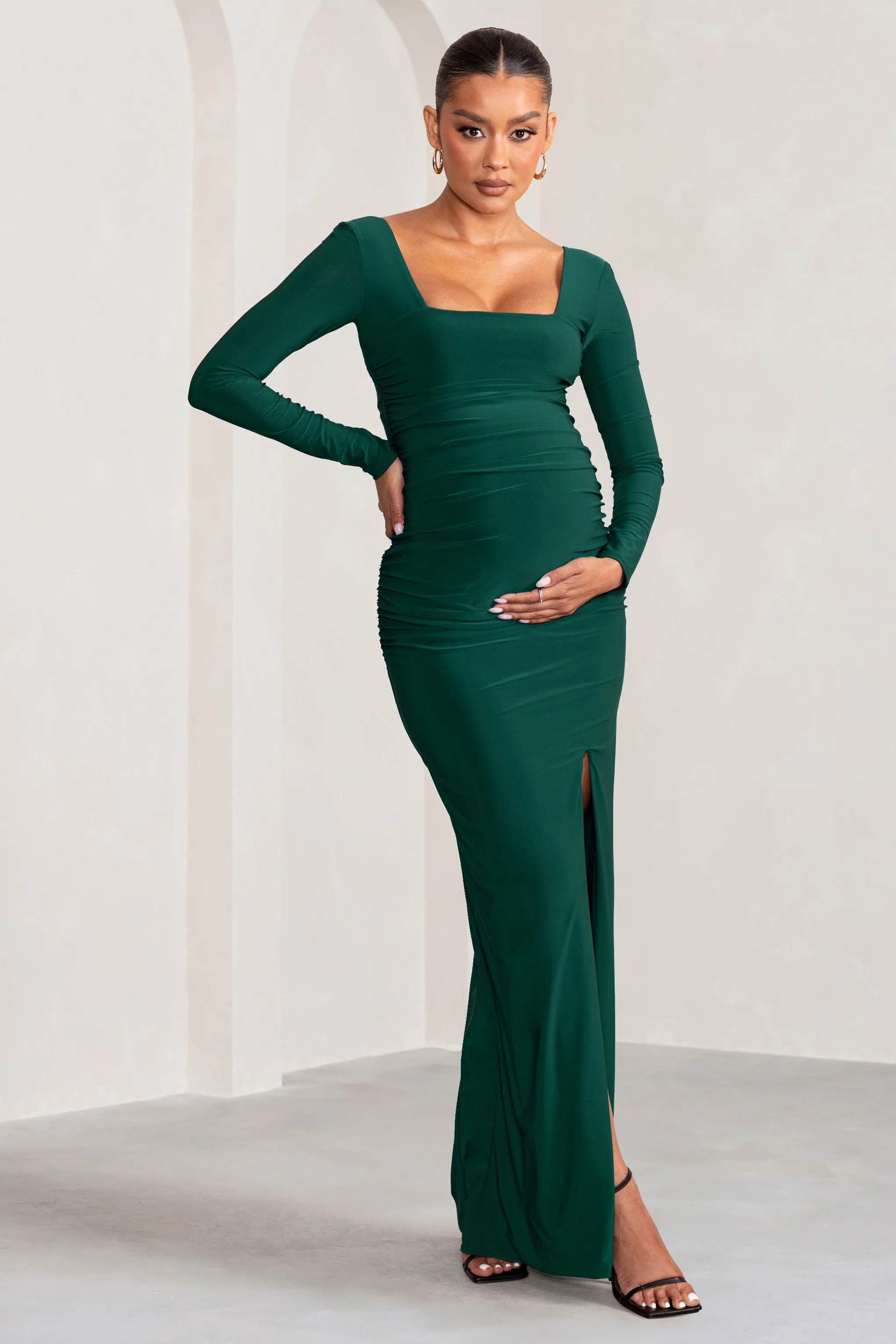 My Pleasure | Bottle Green Long Sleeve Square Neck Maternity Maxi Dress with Split