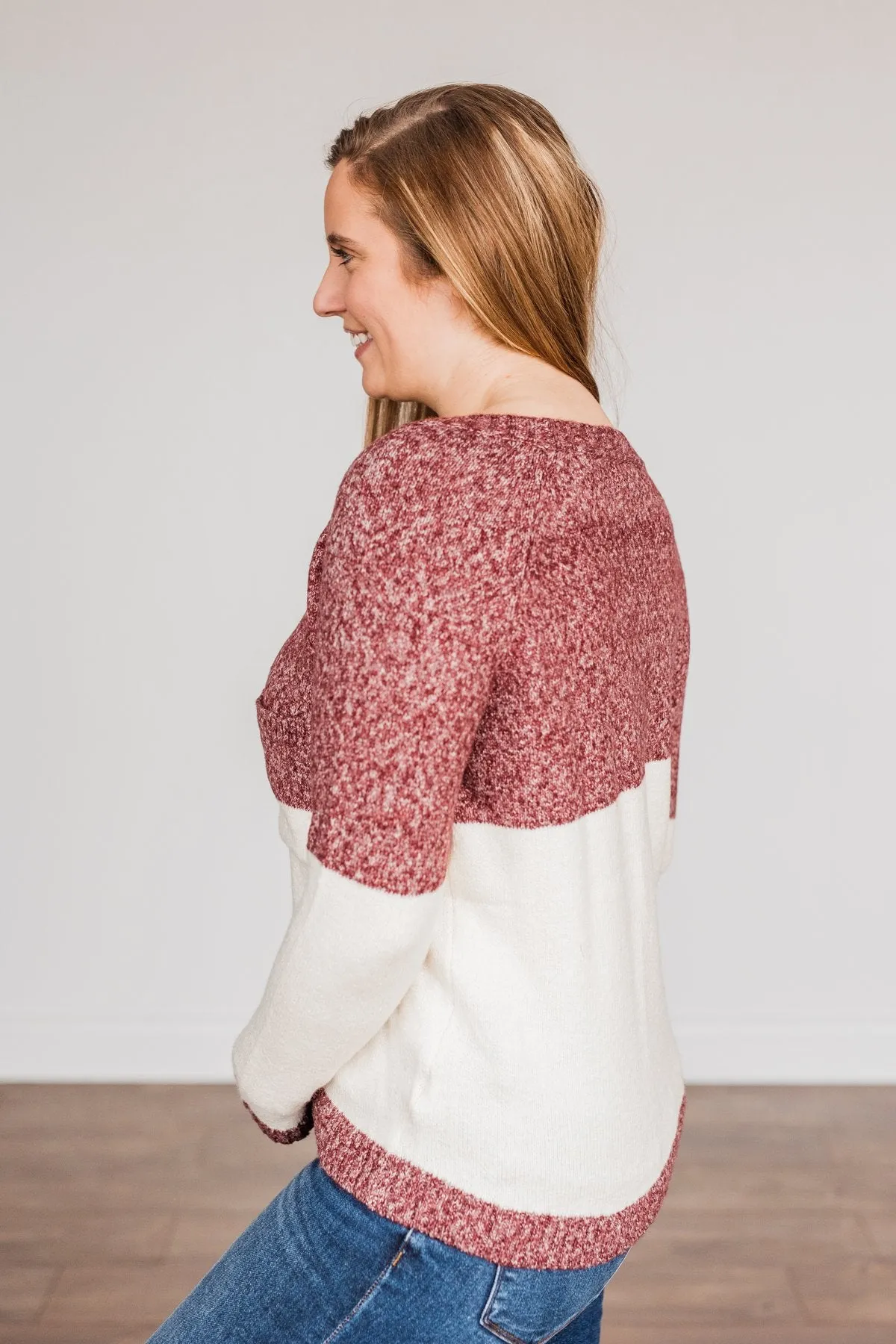 On The Daily Pocket Sweater- Burgundy & Oatmeal