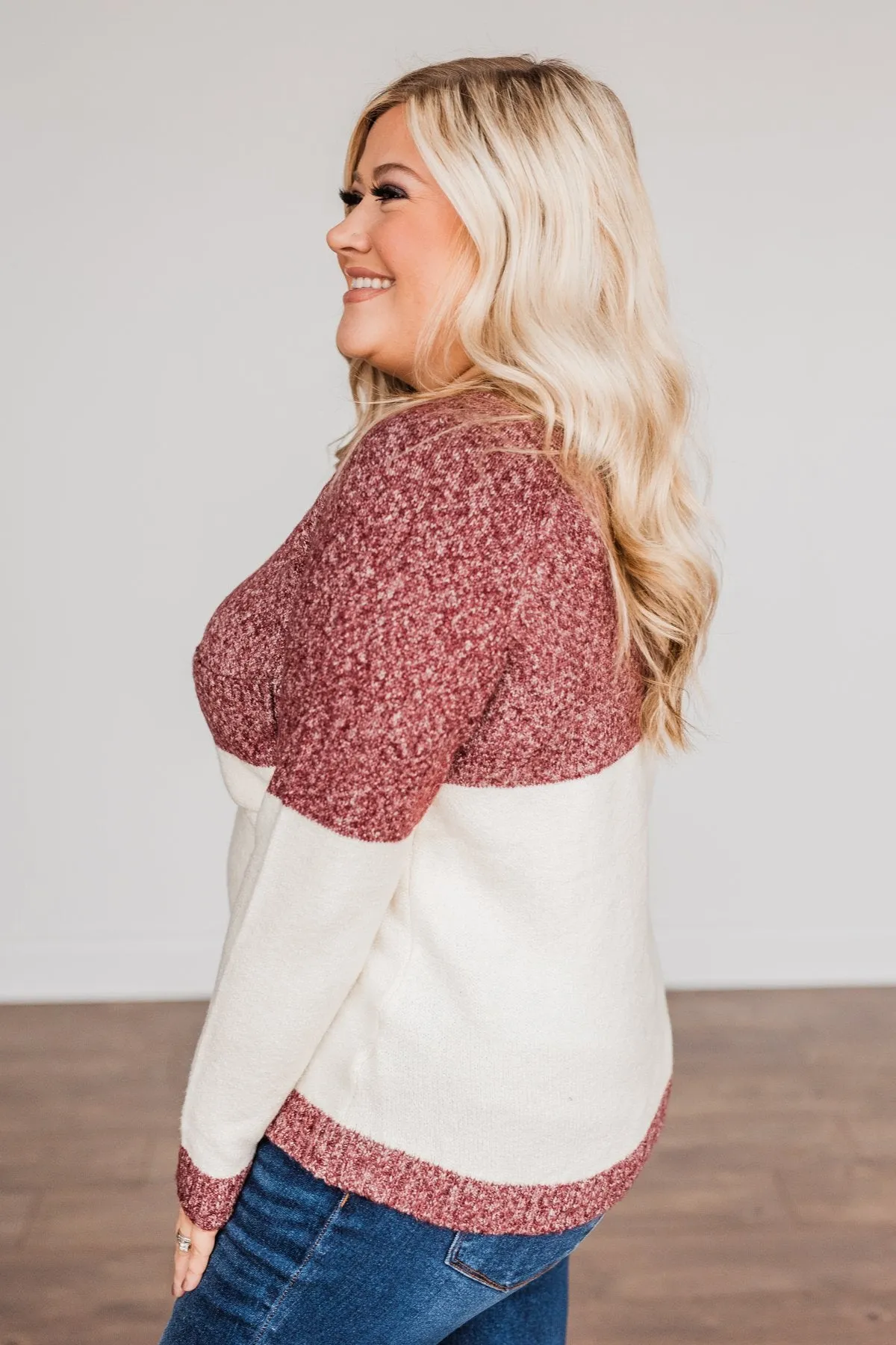 On The Daily Pocket Sweater- Burgundy & Oatmeal