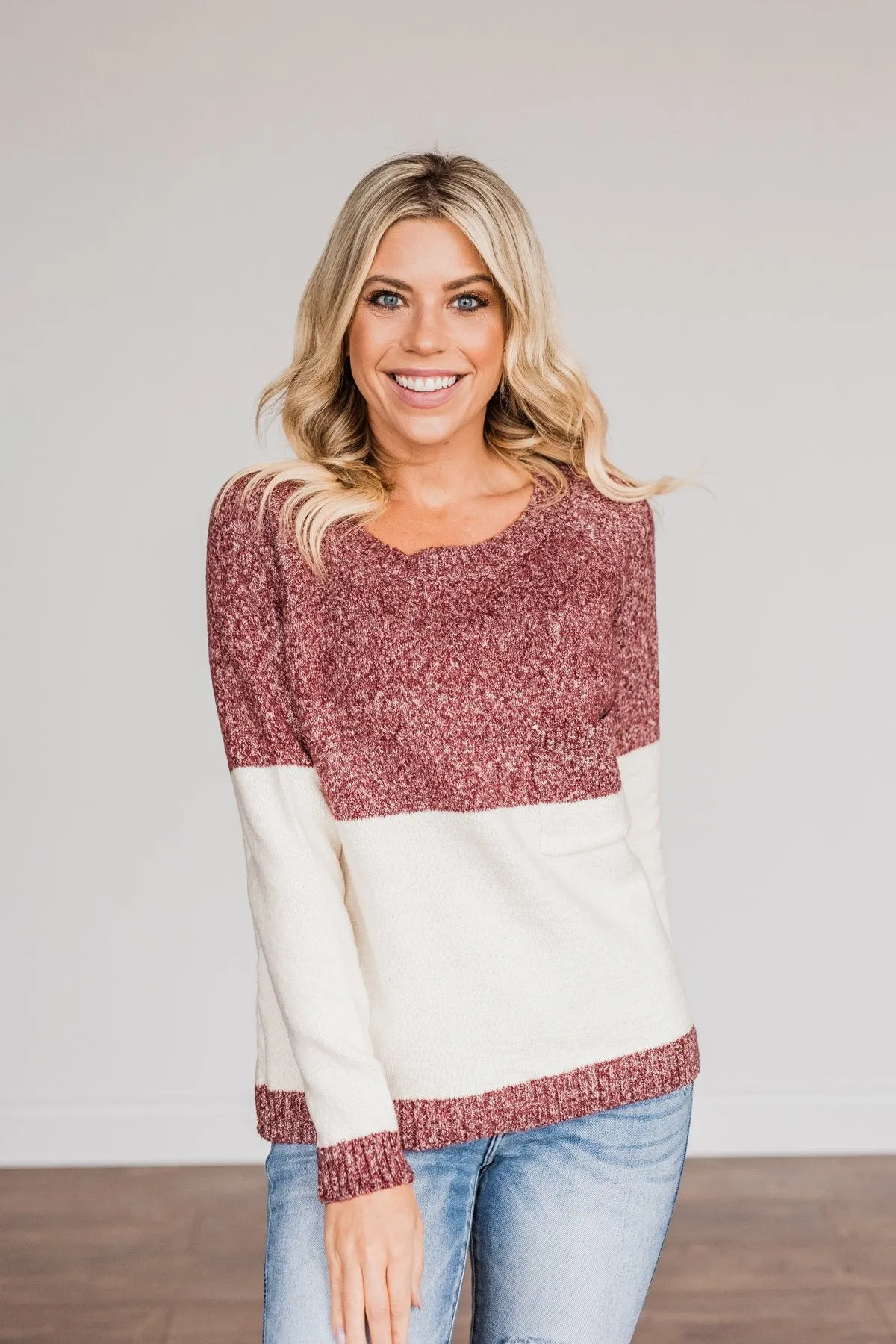 On The Daily Pocket Sweater- Burgundy & Oatmeal