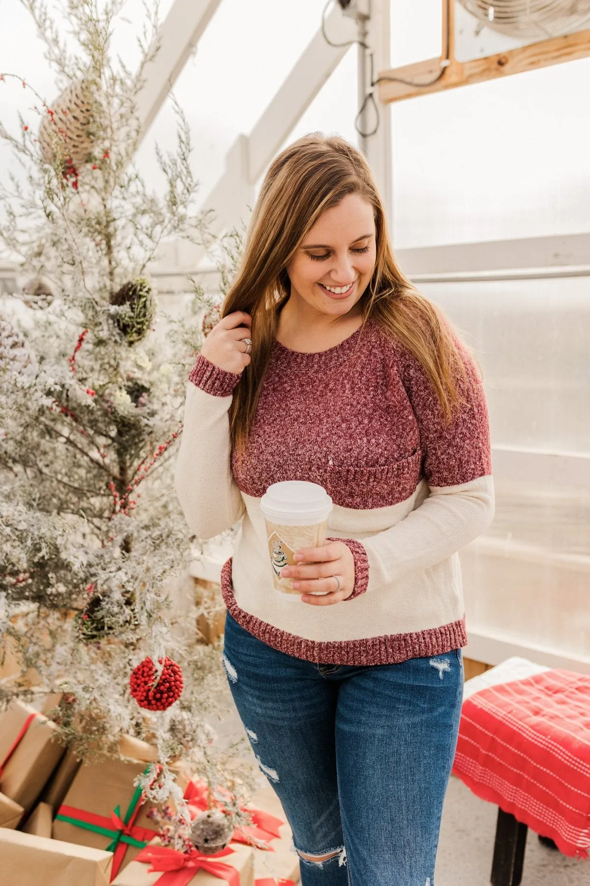 On The Daily Pocket Sweater- Burgundy & Oatmeal