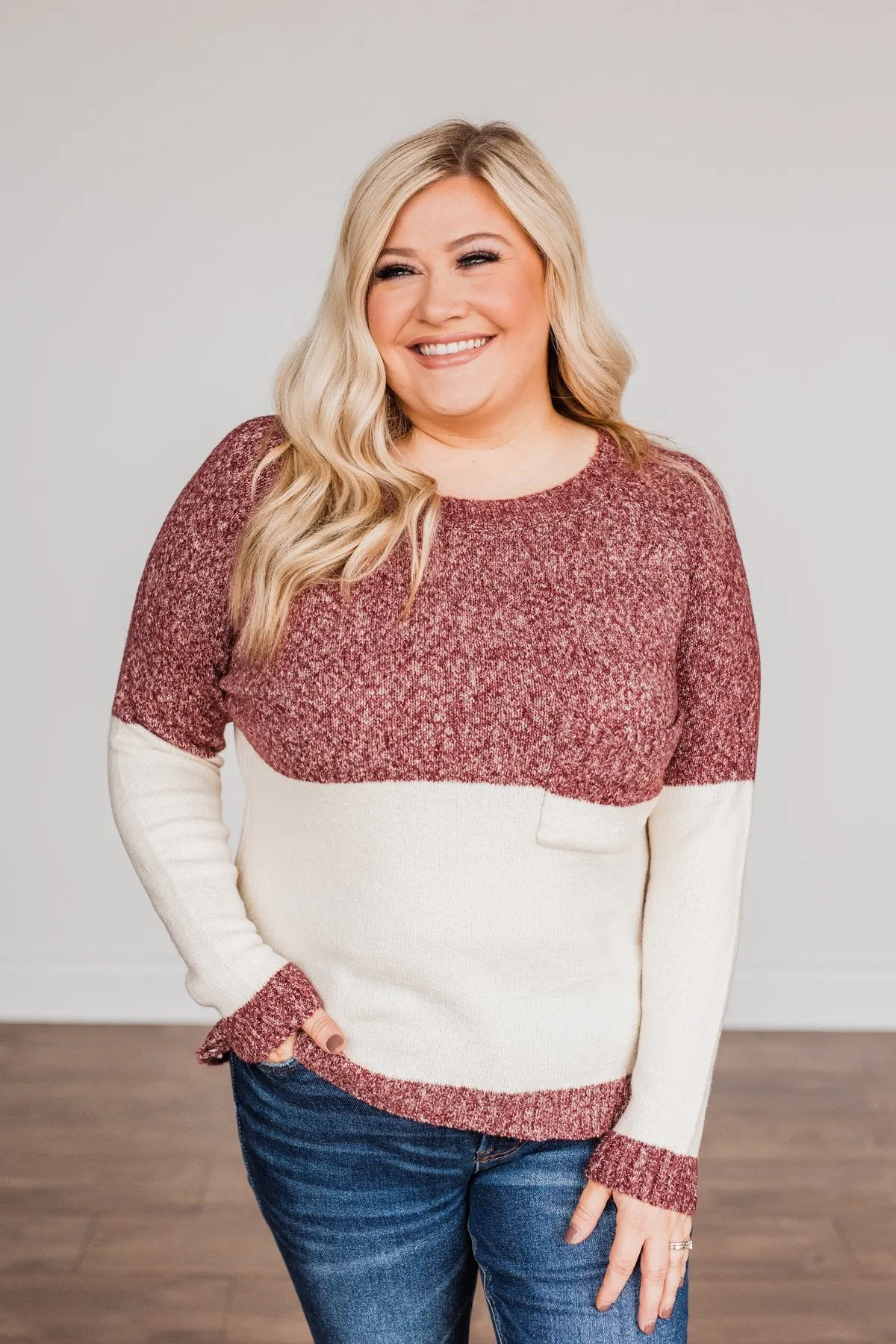 On The Daily Pocket Sweater- Burgundy & Oatmeal