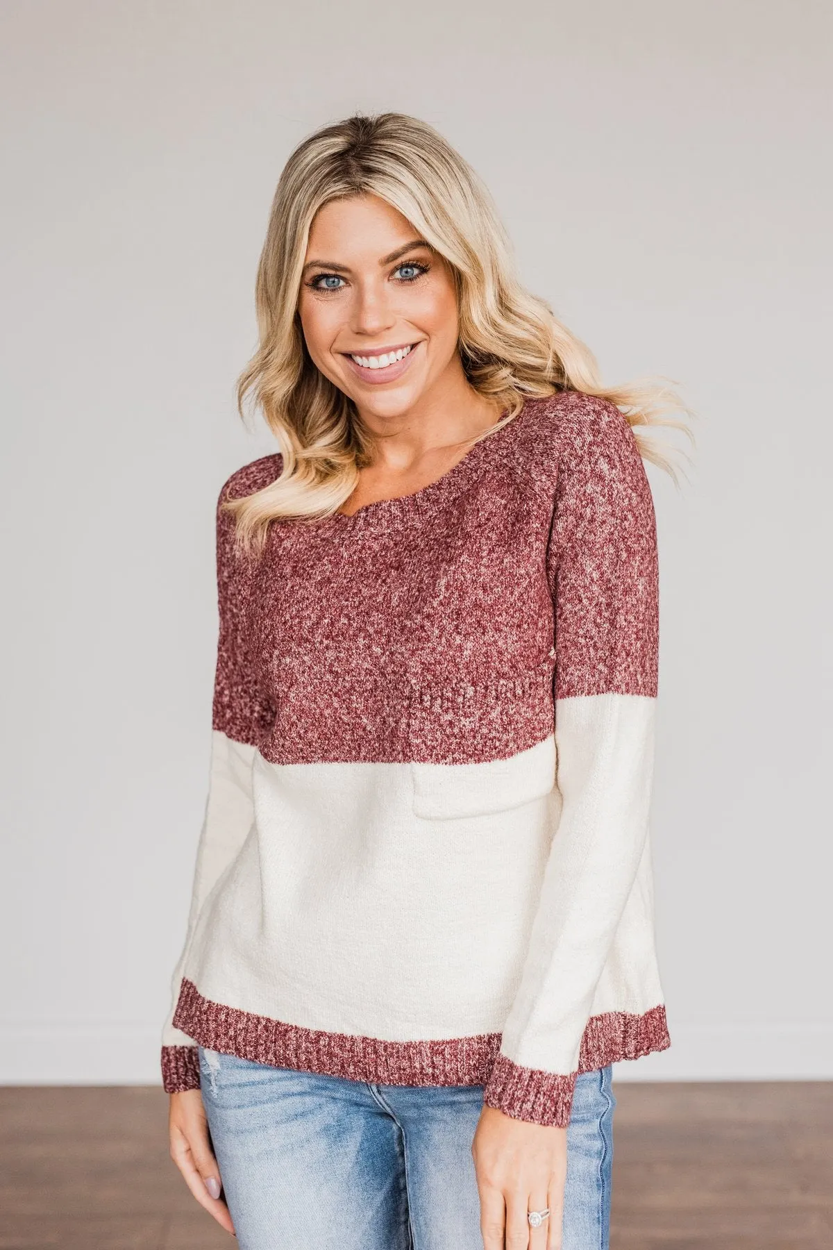 On The Daily Pocket Sweater- Burgundy & Oatmeal