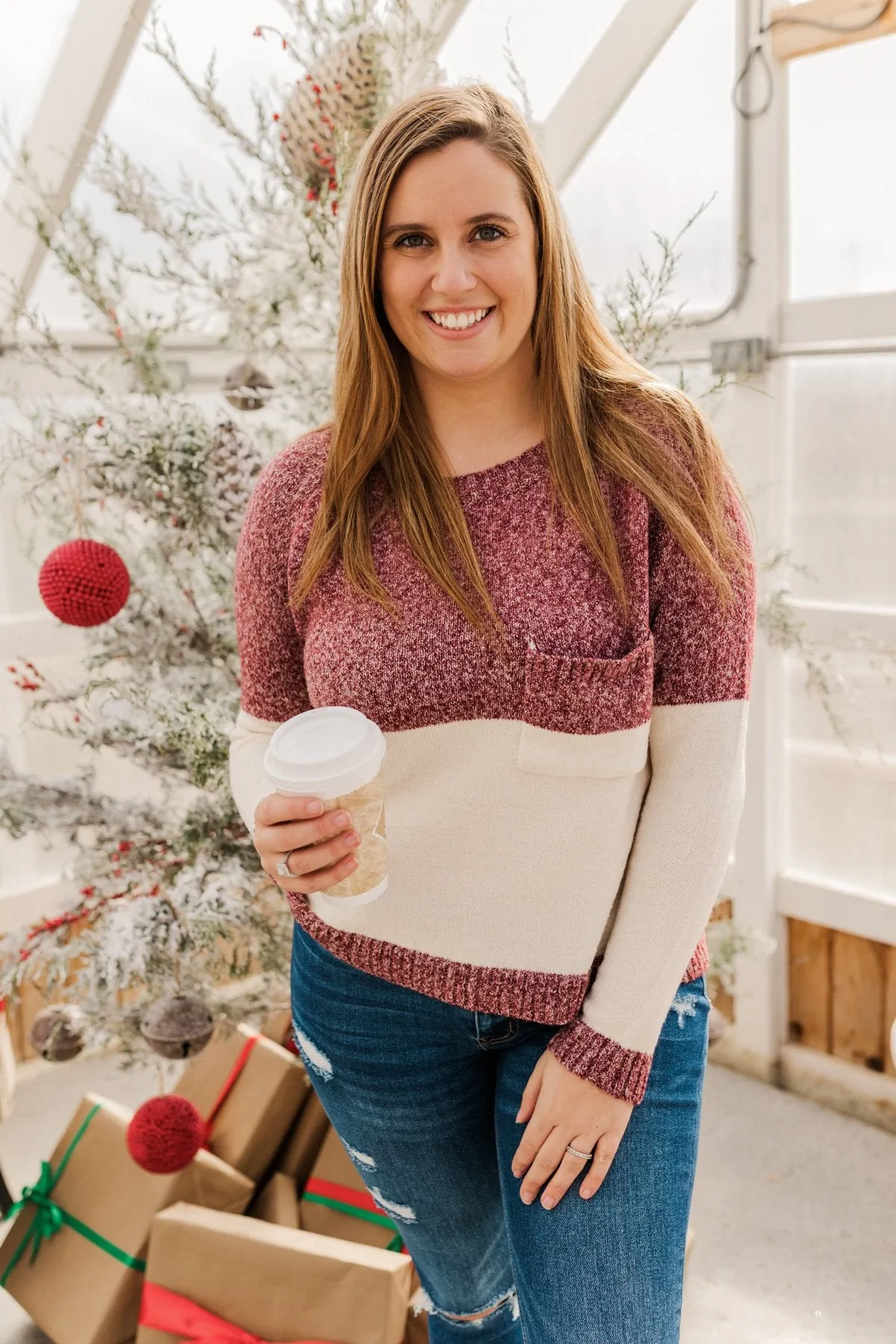 On The Daily Pocket Sweater- Burgundy & Oatmeal