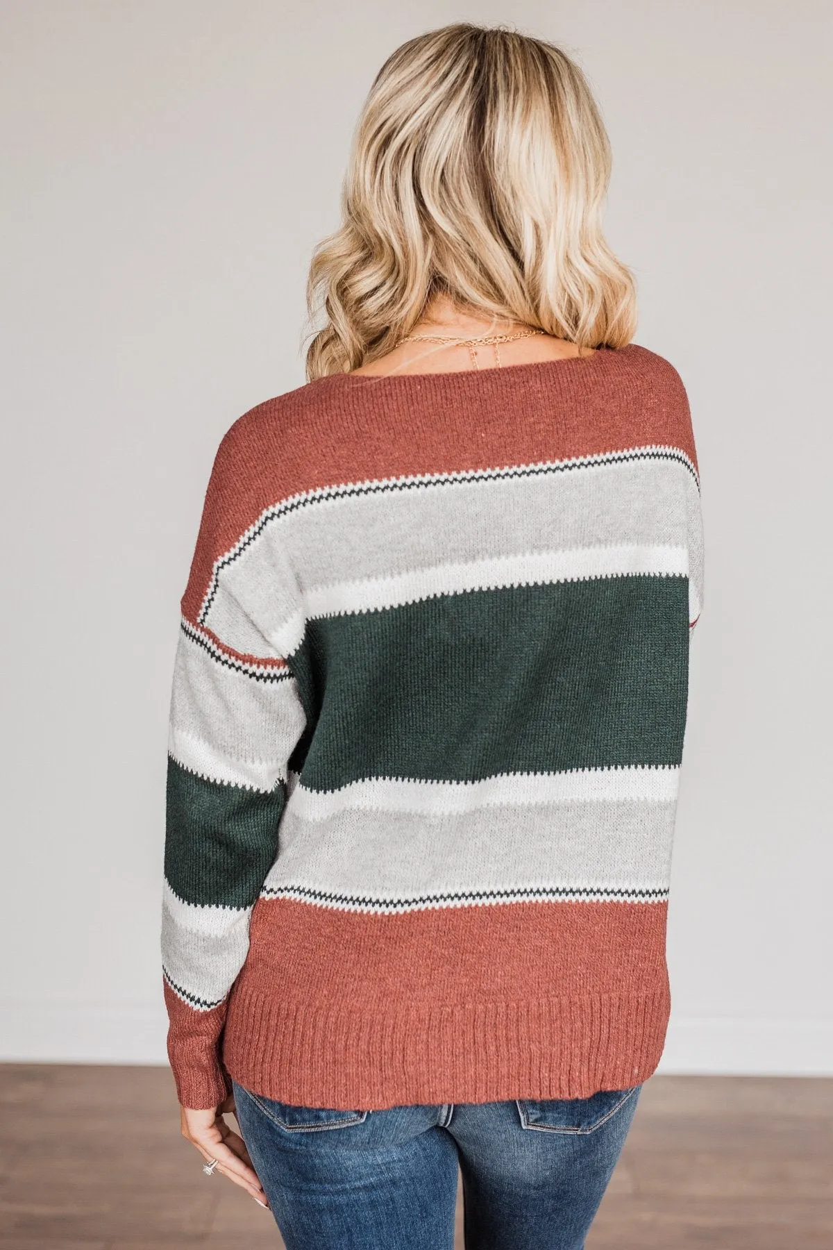 Outdoor Wonderland Striped Sweater- Rust & Hunter Green