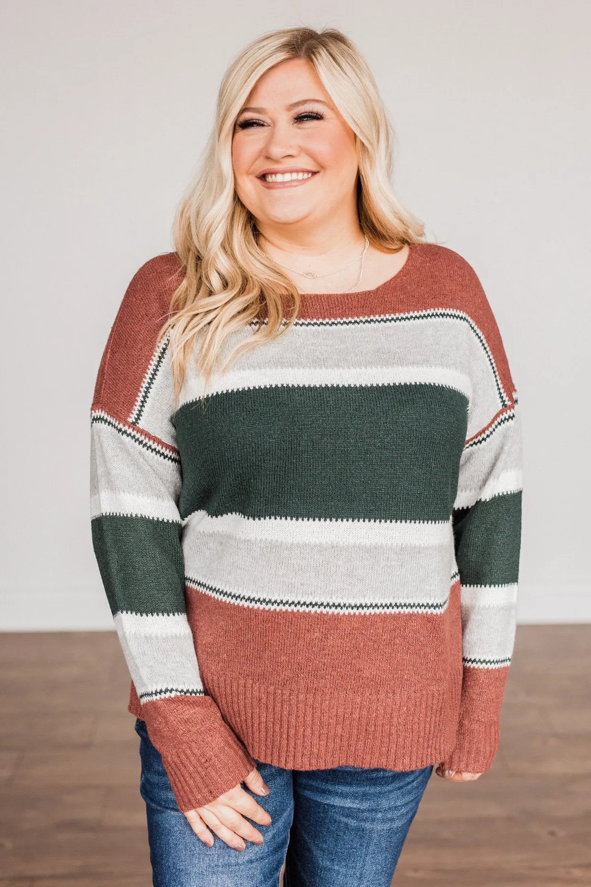 Outdoor Wonderland Striped Sweater- Rust & Hunter Green