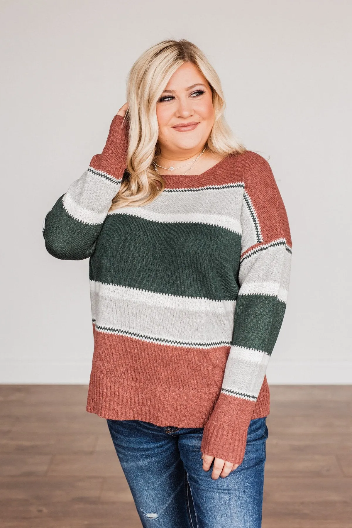 Outdoor Wonderland Striped Sweater- Rust & Hunter Green