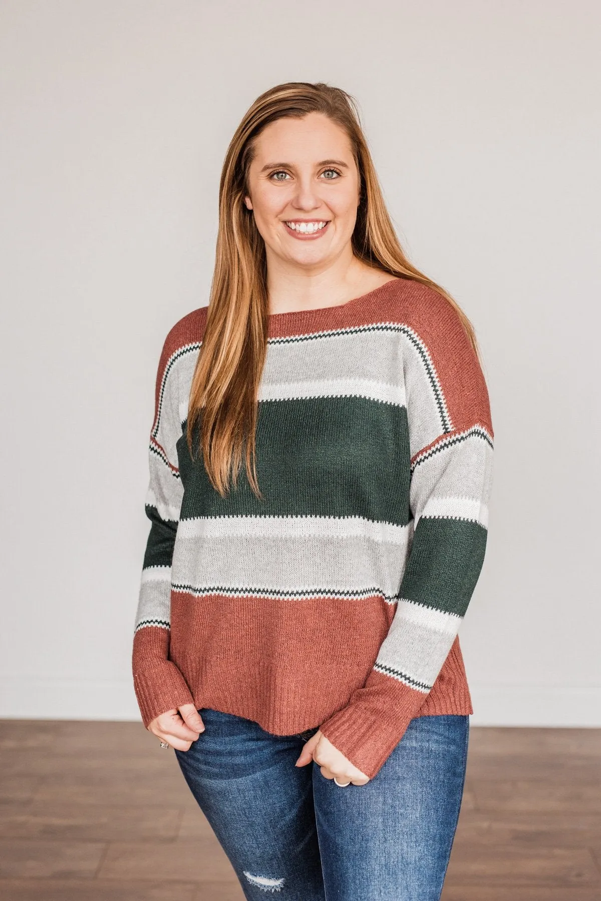 Outdoor Wonderland Striped Sweater- Rust & Hunter Green