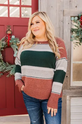 Outdoor Wonderland Striped Sweater- Rust & Hunter Green