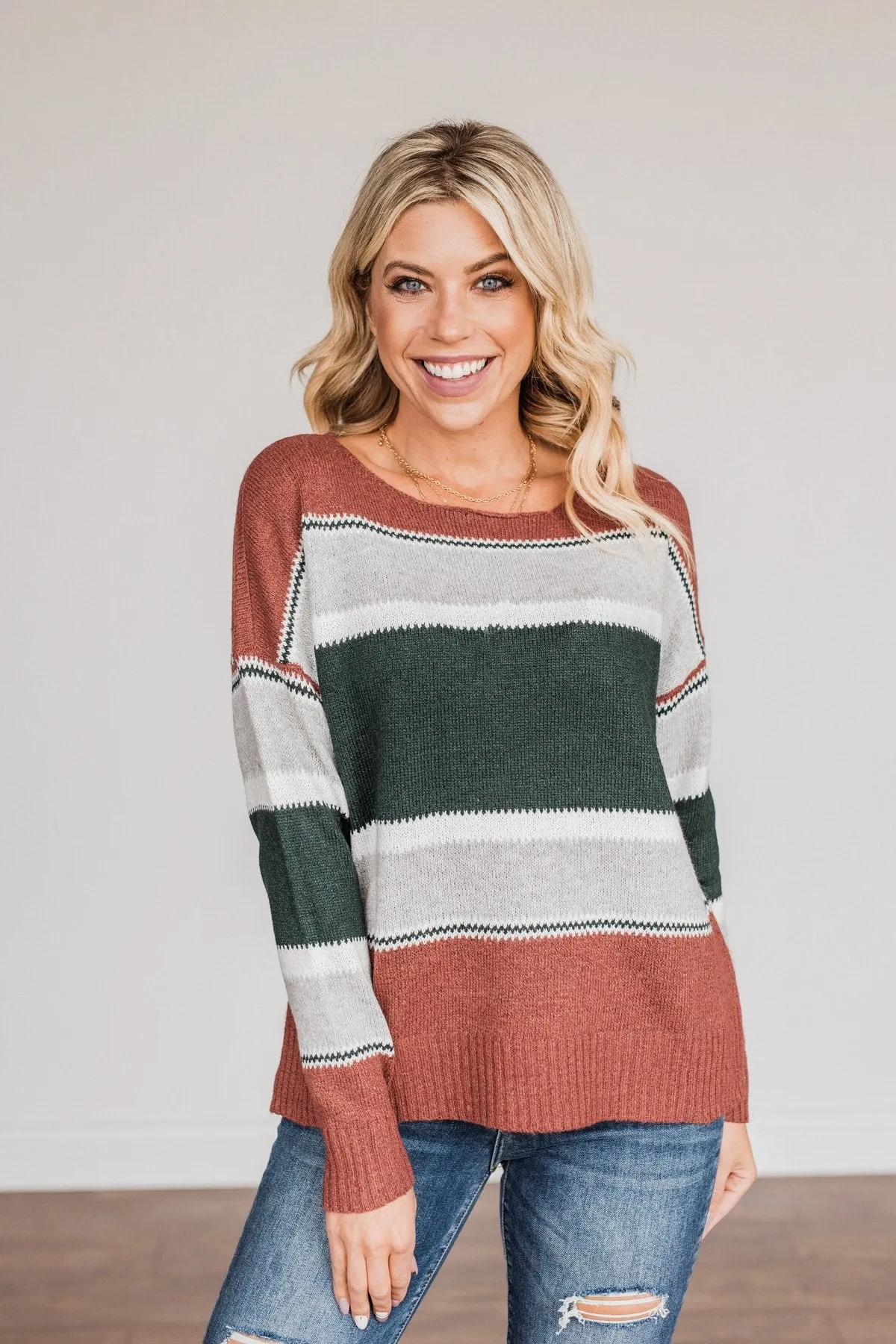 Outdoor Wonderland Striped Sweater- Rust & Hunter Green