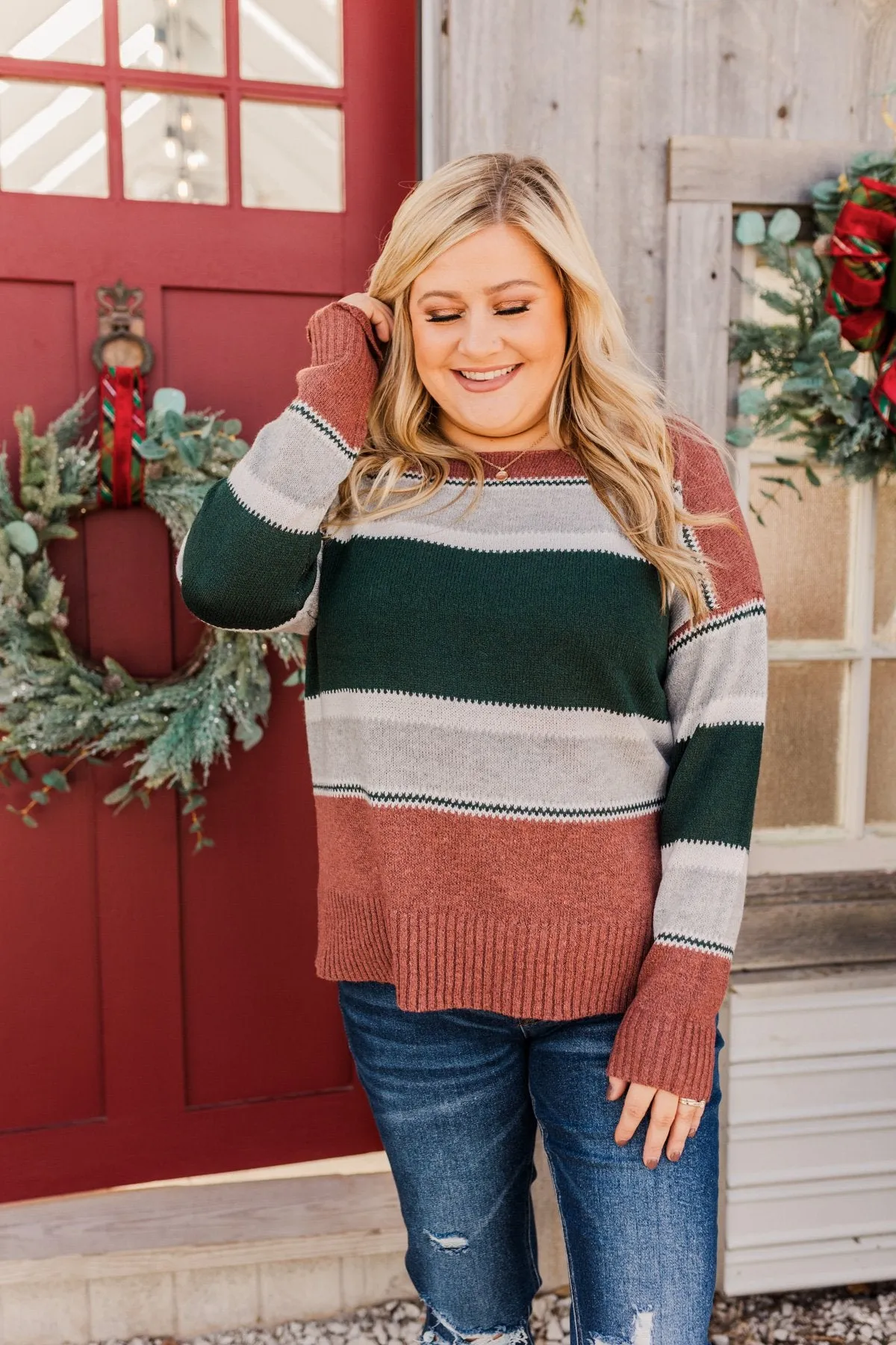 Outdoor Wonderland Striped Sweater- Rust & Hunter Green