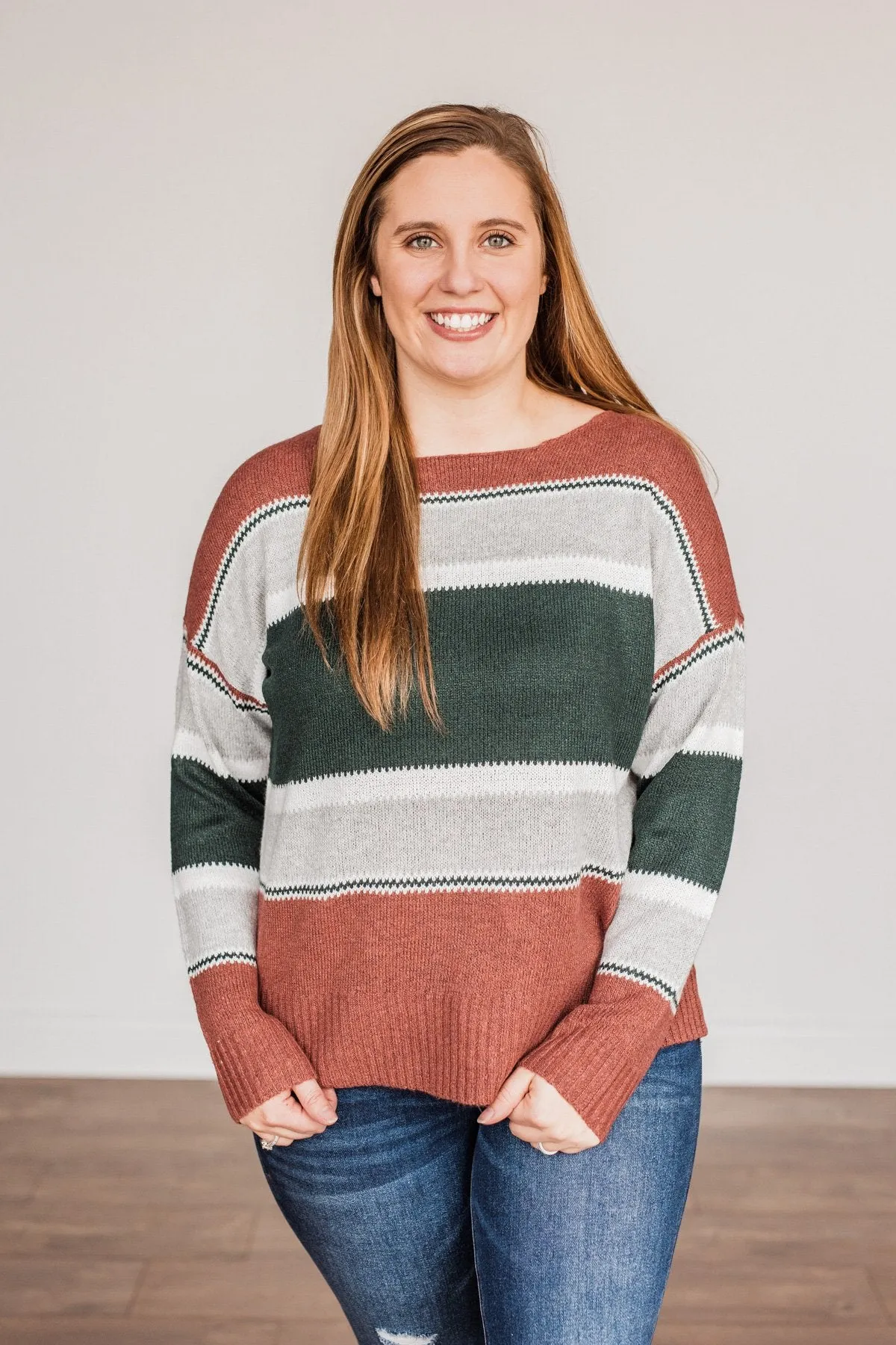 Outdoor Wonderland Striped Sweater- Rust & Hunter Green