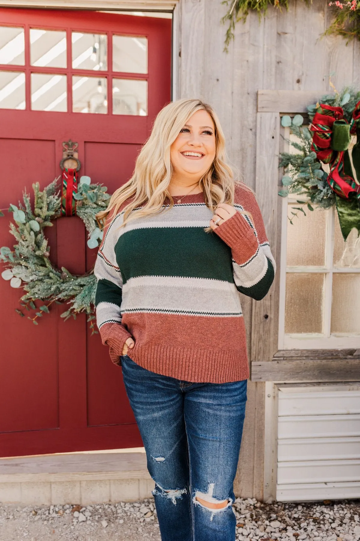 Outdoor Wonderland Striped Sweater- Rust & Hunter Green