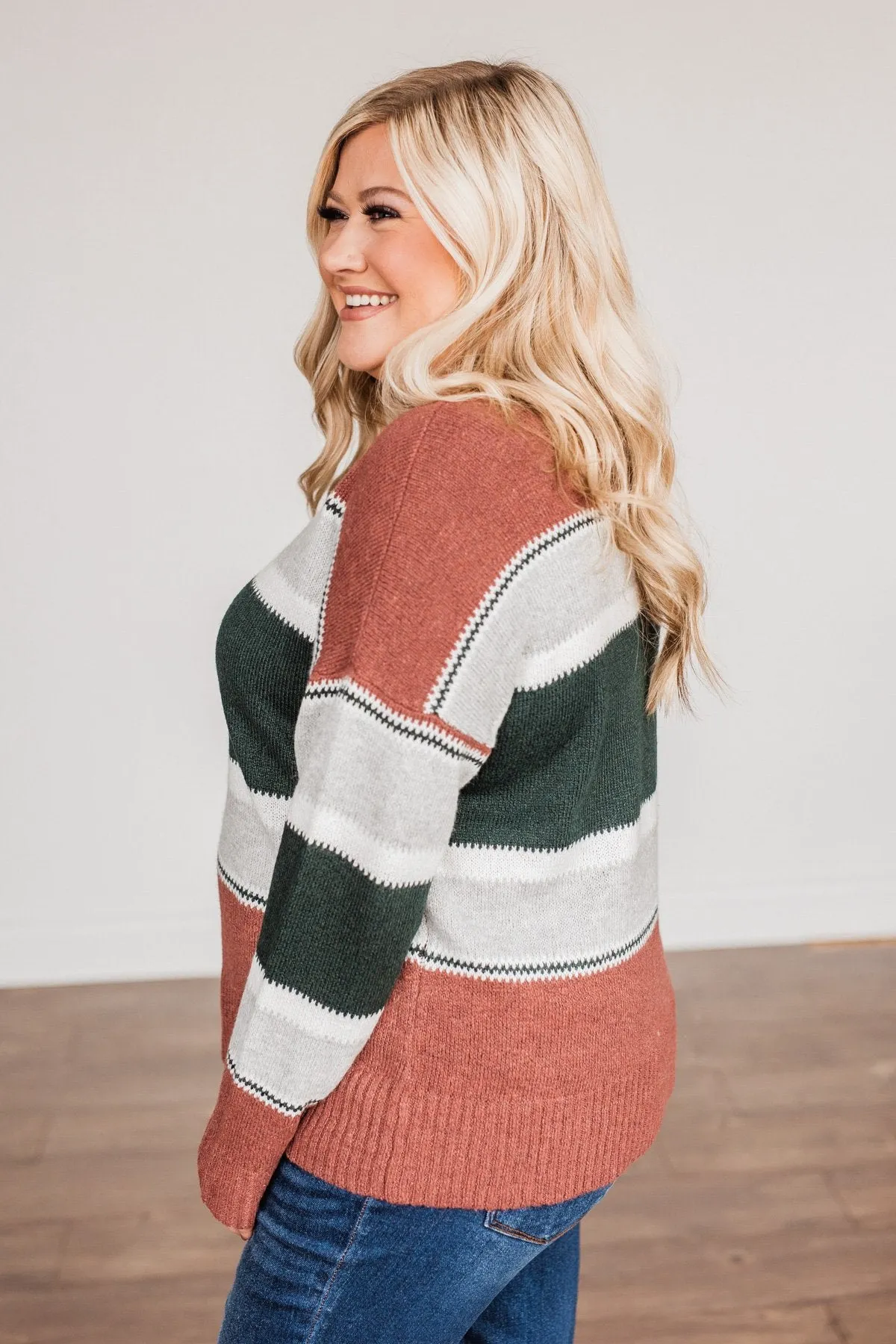 Outdoor Wonderland Striped Sweater- Rust & Hunter Green