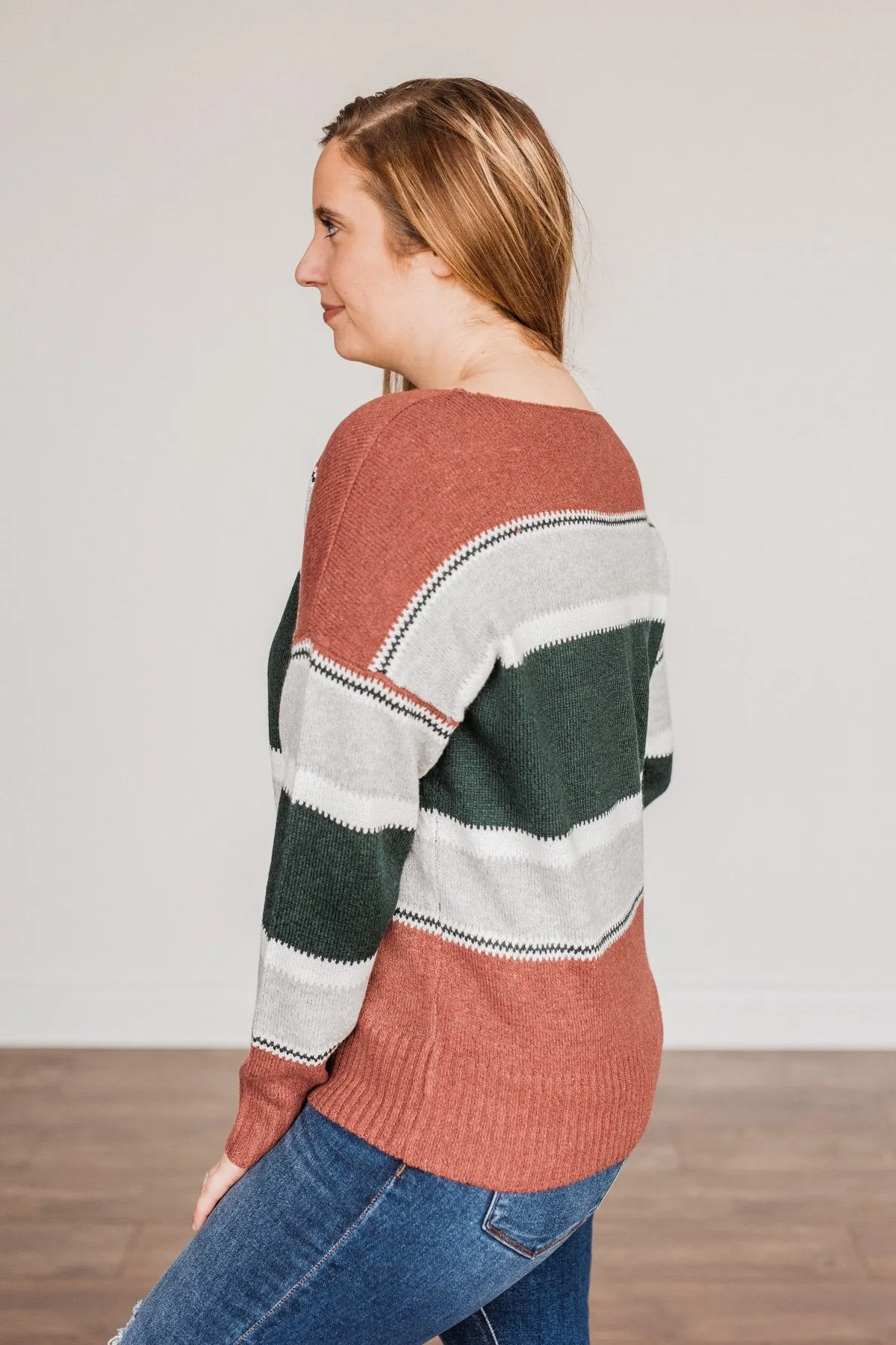 Outdoor Wonderland Striped Sweater- Rust & Hunter Green