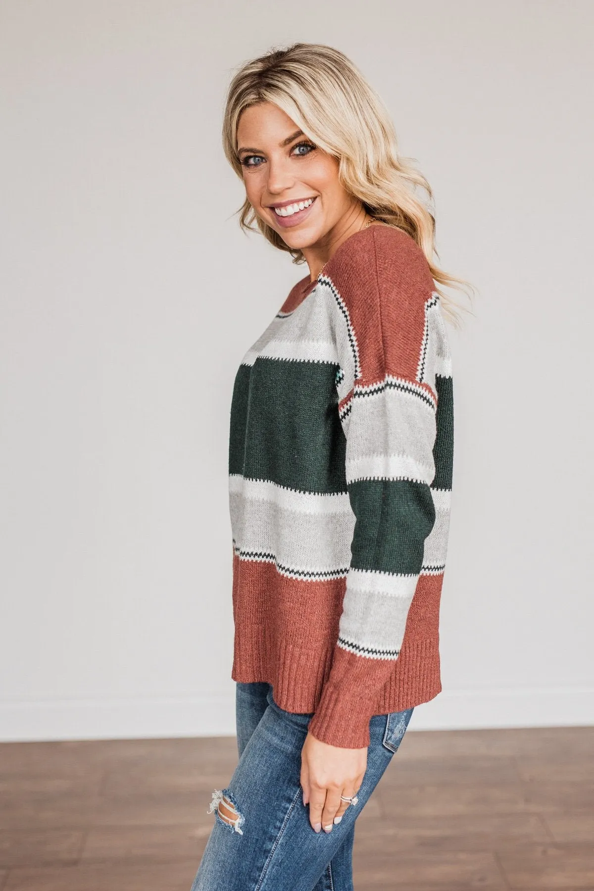 Outdoor Wonderland Striped Sweater- Rust & Hunter Green