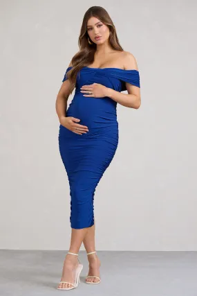 Perfection | Cobalt Blue Off Shoulder Ruched Maternity Midi Dress