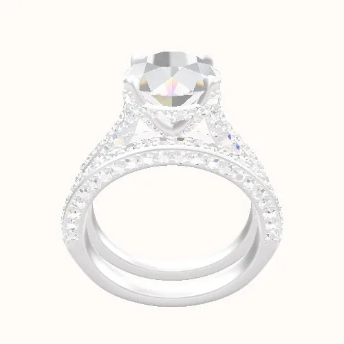 Petite Cathedral Three Row Engagement Ring With Pave Basket Head and Matching Band