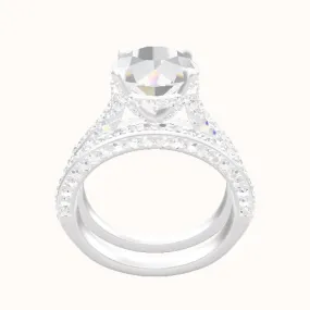 Petite Cathedral Three Row Engagement Ring With Pave Basket Head and Matching Band