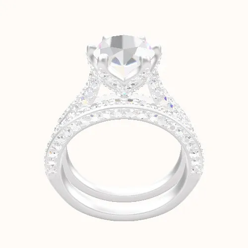 Petite Cathedral Three Row Engagement Ring With Pave Petal Six Prong Head and Matching Band