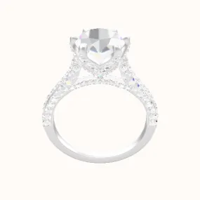 Petite Cathedral Three Row Engagement Ring With Pave Petal Six Prong Head