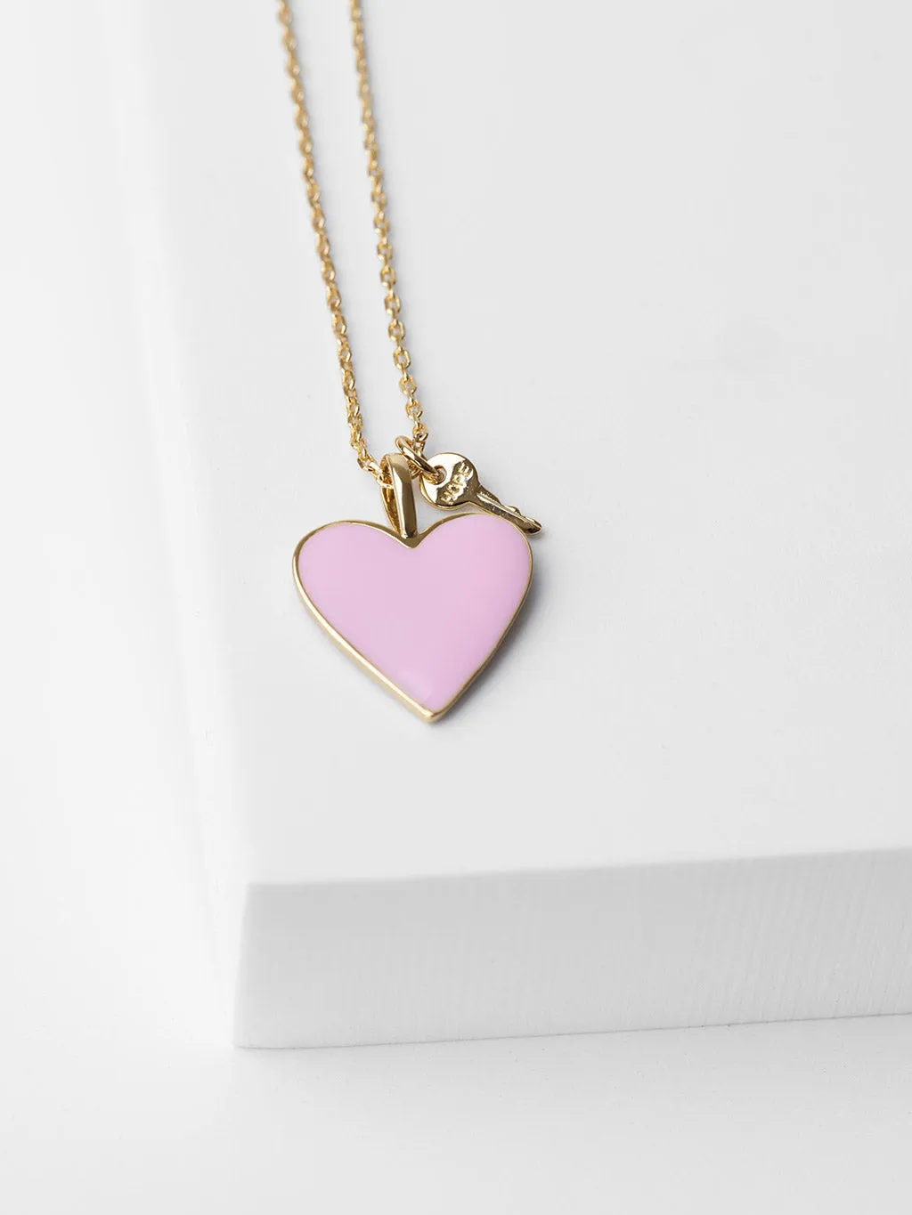 Pink Enamel Heart and Mini Key Necklace