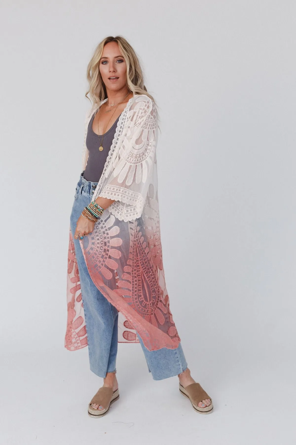 Poolside Ombre Lace Kimono - Rose