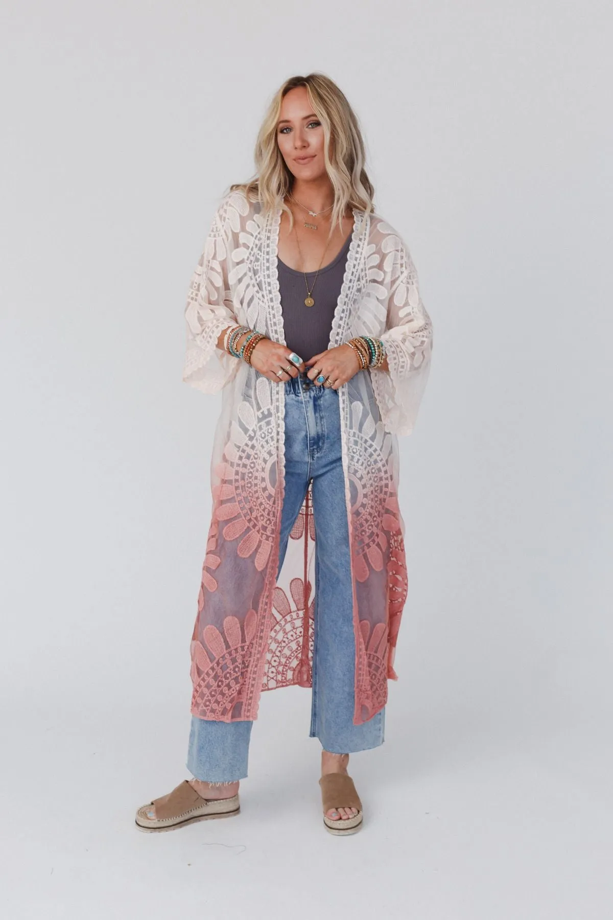 Poolside Ombre Lace Kimono - Rose