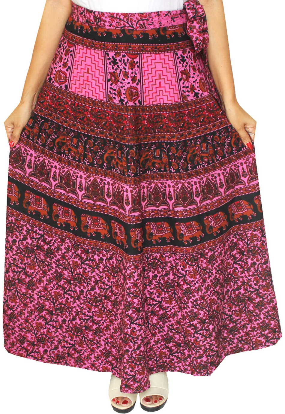 Printed Cotton Womens Long Skirt Wrap Around India Clothes (Pink)