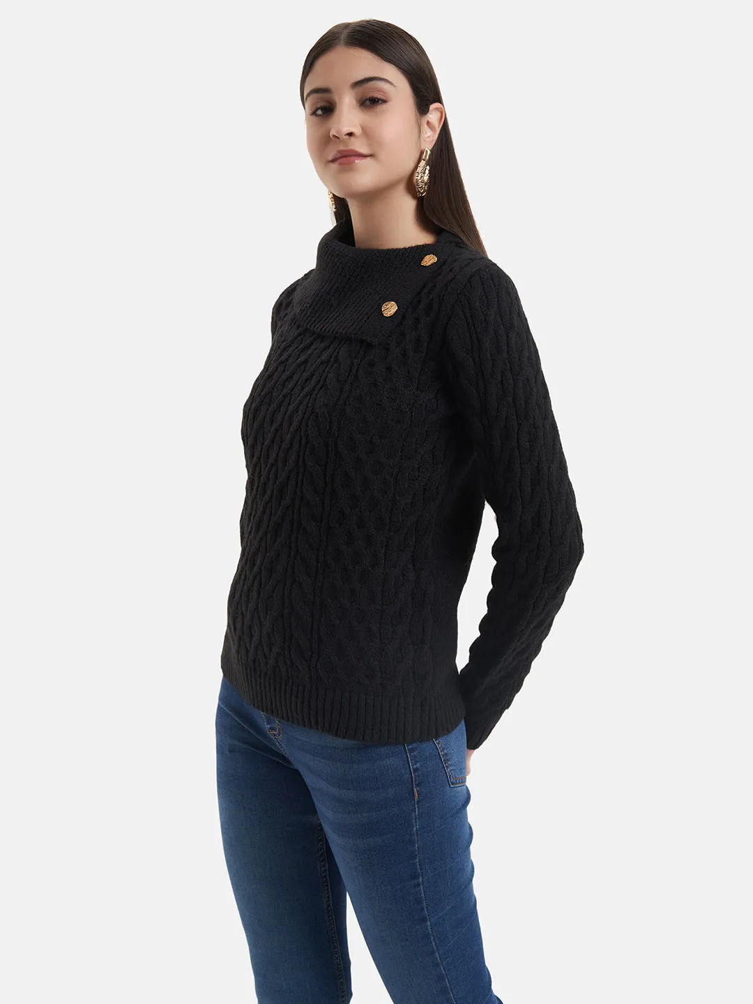 Pullover With Turn-Up Collar And Metal Buttons