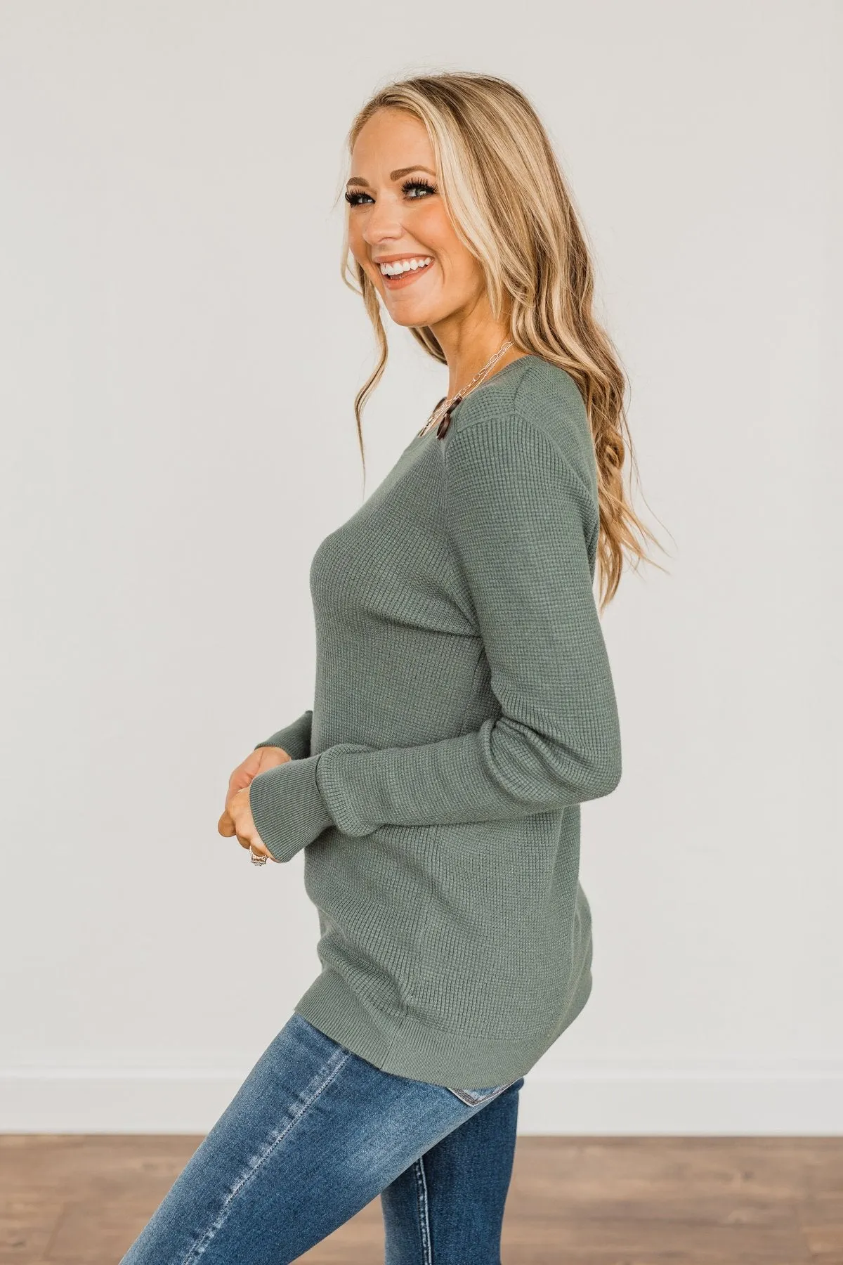 Reasons To Smile Knit Sweater- Dusty Jade